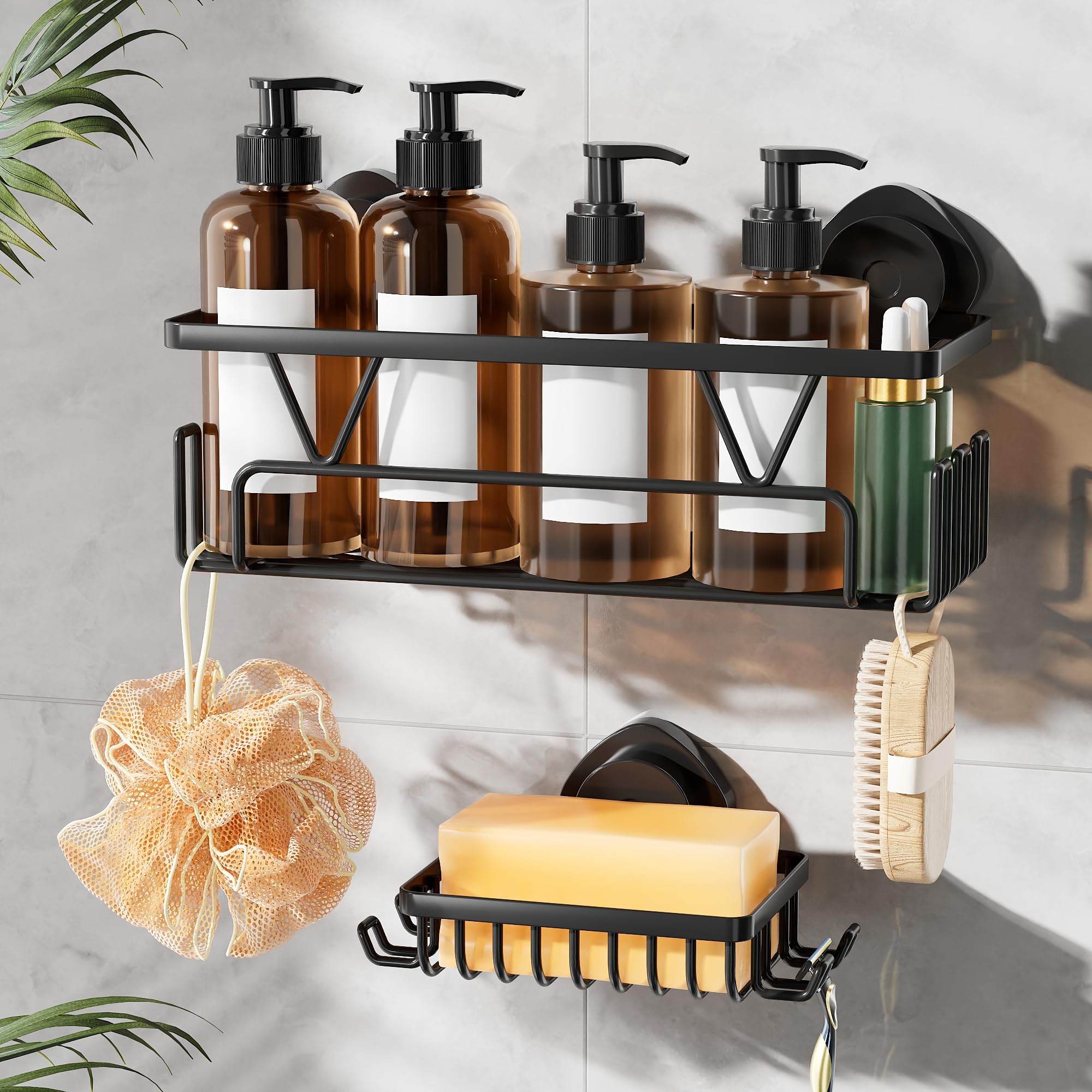 KEGII Suction Cup Shower Caddy 2 Pack Shower Suction Shelf with Soap Holder Hooks No Drilling Bathroom Organizer