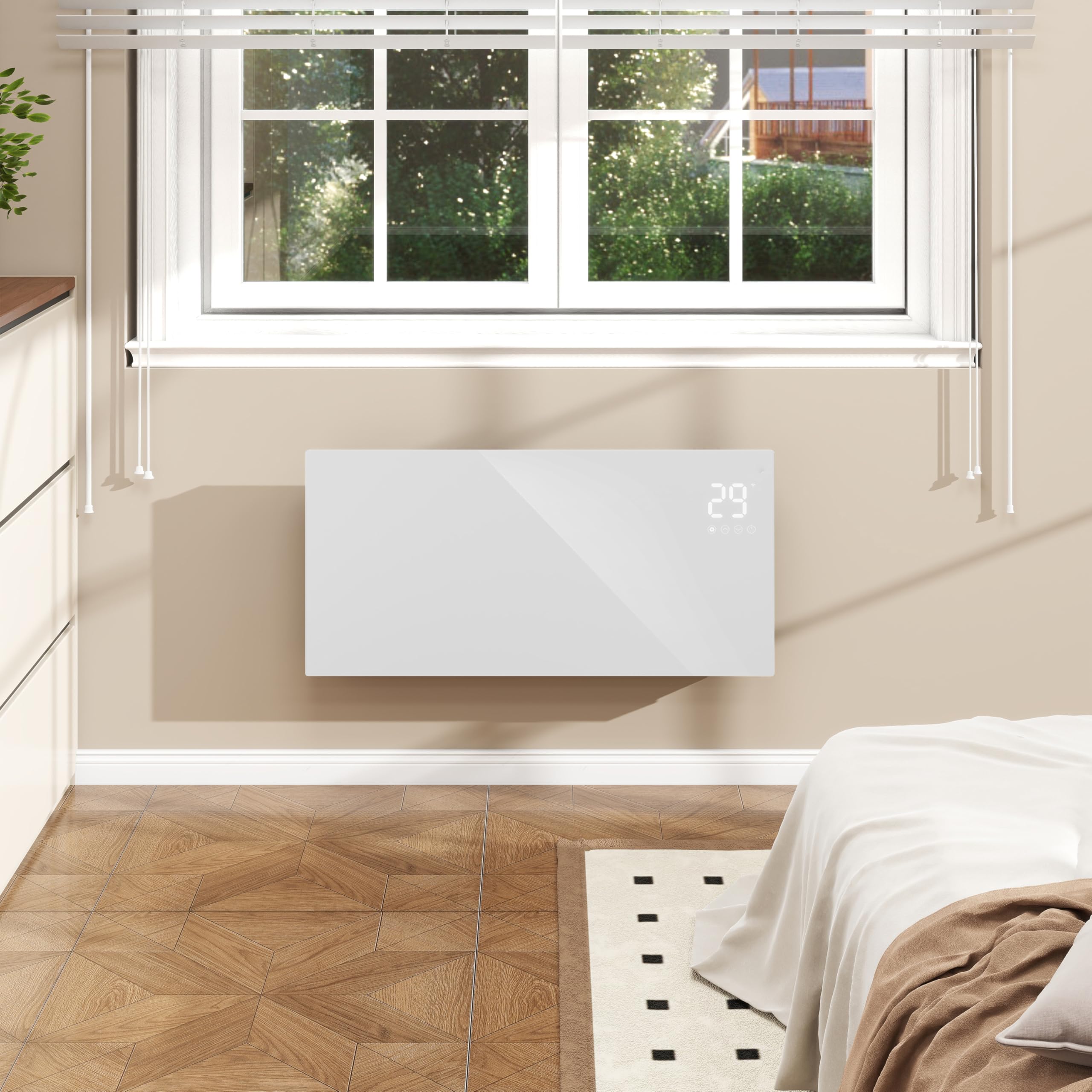 AICA Radiateur 1000W WiFi Écran tactile 2en1 Mobile/Mural Blanc | Verre trempé ultra-plat 70mm. Pilotage via app. Minuterie 24h. Montage mural ou sur pieds inclus.