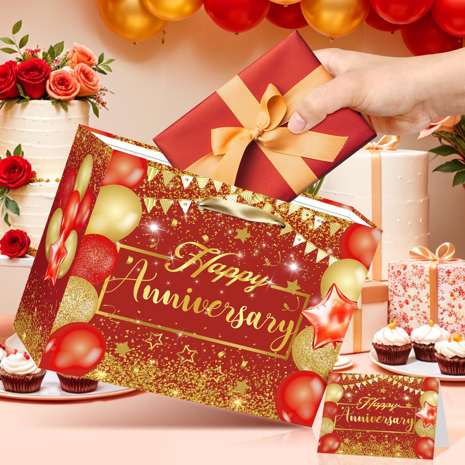 Red Anniversary Party Gift Bag with Tissue Papers and Card, 11.8'' Red Gold Wedding Anniversary Paper Gift Wrapping Bag for Women Men Wedding Party Supplies Gift Bag