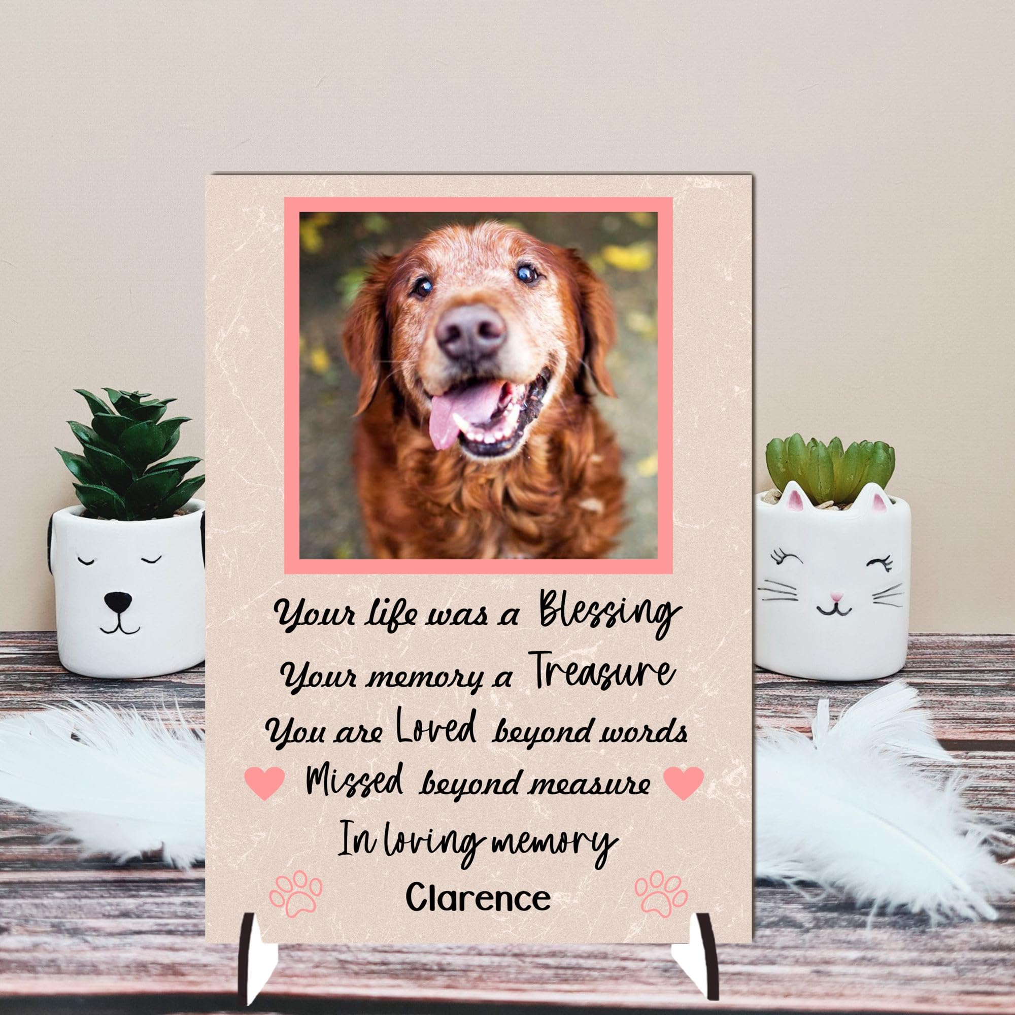 Personalised Pet Bereavement Photo Plaque 'In Loving Memory' - Custom Text, Available in MDF or Acrylic, Size 148mm x 210mm Sign for Your Dog, Cat, Horse, Rabbit, Bird (Mdf Wood A4 30cm x 21cm, Pink)