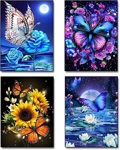 Mirabuy Paquete de 4 kits de pintura de diamante de mariposa y girasol para adultos y niños, taladro redondo 5D, mariposa con luna para decoración disponible en Yaxa Colombia