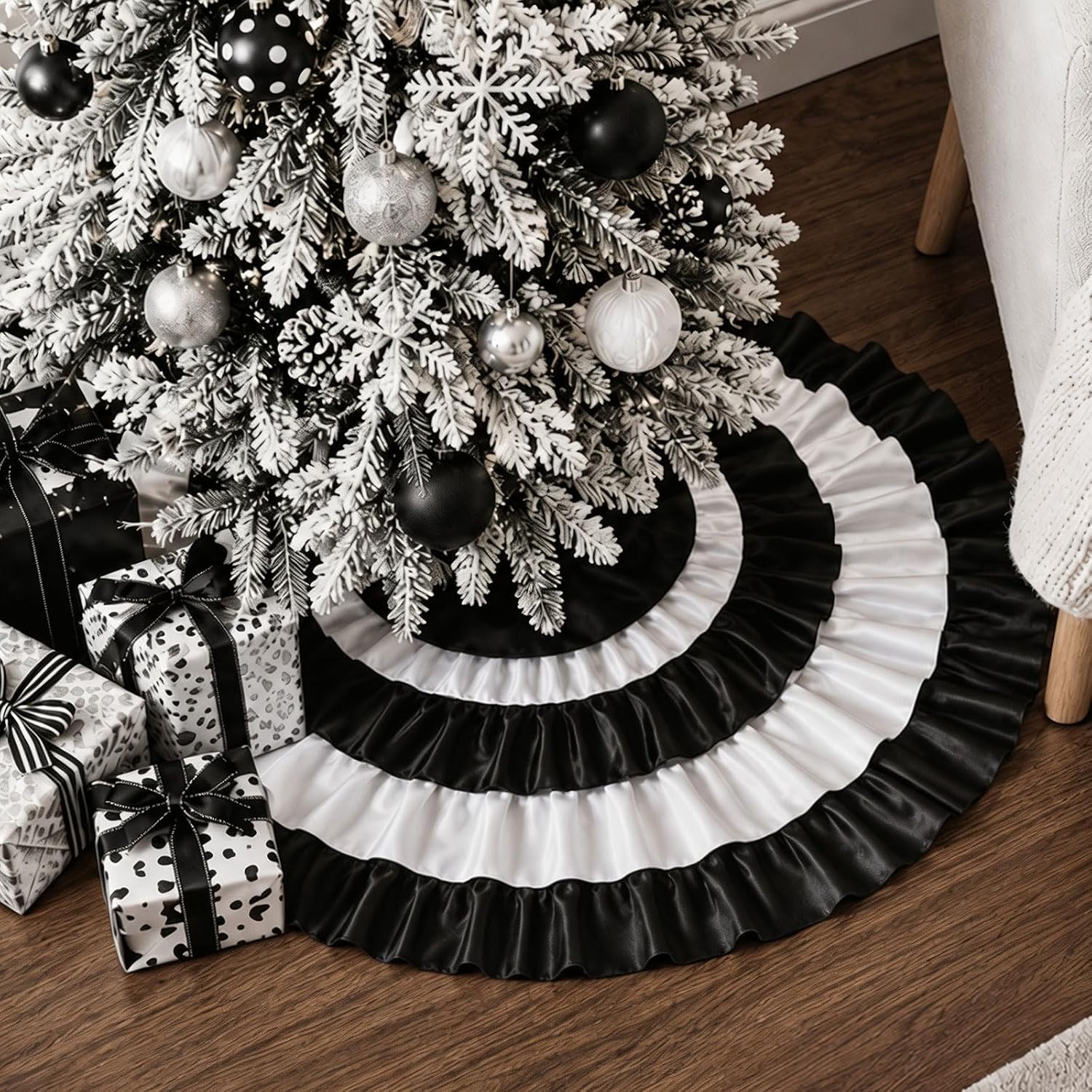 Civaner 24 Inches Black and White Xmas Tree Skirt, Ruffle Farmhouse Mat | Fits Round Tree Base, Easy Tie Closure, Satin Ruffle Layers, Plush Fluffy Fel, for Christmas Xmas Holiday Decor