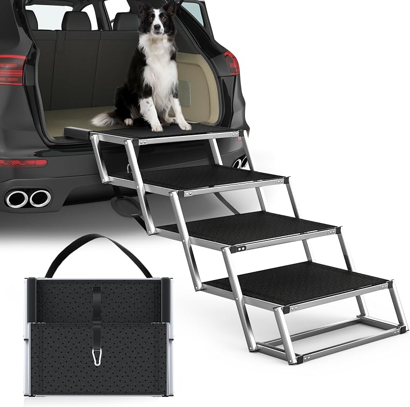 Escaleras para perros extra anchas de 20.0 in para perros grandes, rampa para perros para auto de 4 escalones | Escalones plegables de aluminio para perros con superficie antideslizante, escaleras para perros para autos, SUV, camas altas, camiones, escaleras para mascotas de hasta 250 libras