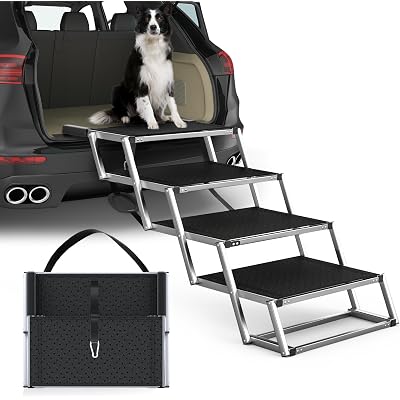 Extra Wide Dog Stairs for Large Dogs, Foldable Dog Ramp for Car with Non-Slip Surface, Dogs Stairs for Cars, High Beds, Truck, Supports up to 250 lbs, 4 Steps