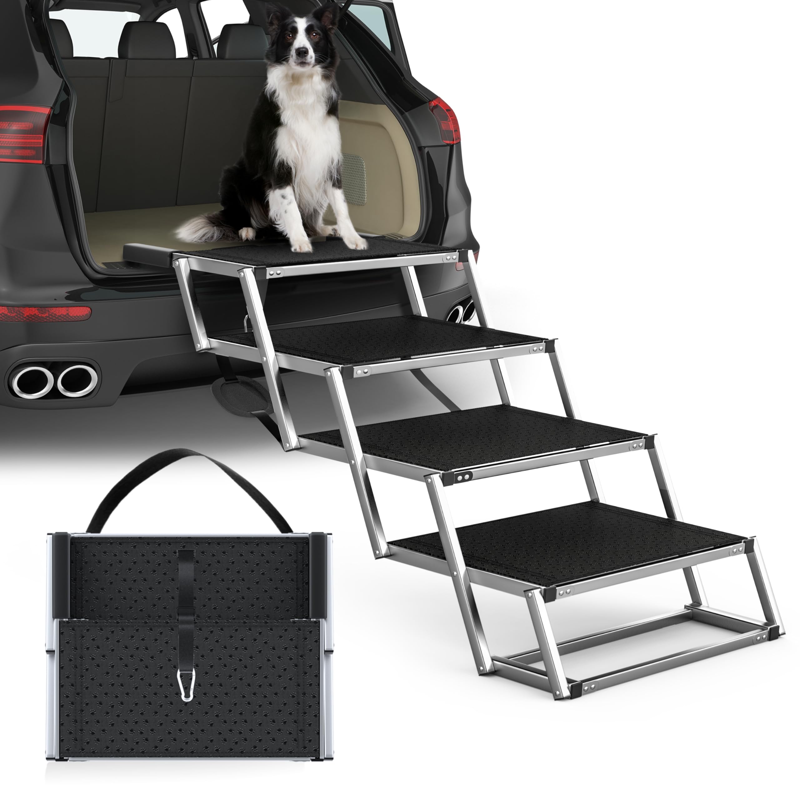 Extra Wide Dog Stairs for Large Dogs, Foldable Dog Ramp for Car with Non-Slip Surface, Dogs Stairs for Cars, High Beds, Truck, Supports up to 250 lbs, 4 Steps