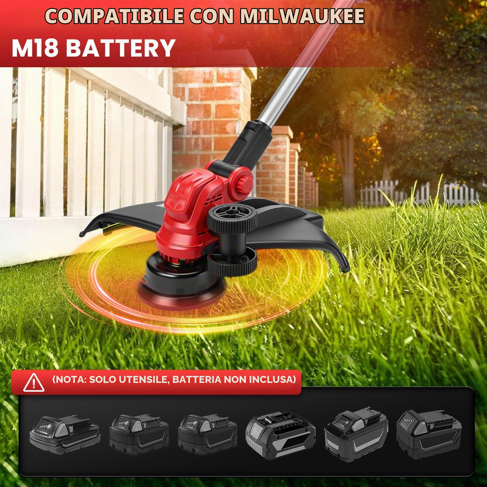Tagliaerba a batteria compatibile con batteria Milwaukee da 18 V, tagliaerba elettrico 5 in 1, senza spazzole, angolo di taglio pieghevole a 180°, angolo di taglio a 90°, per tagliare prato, giardino