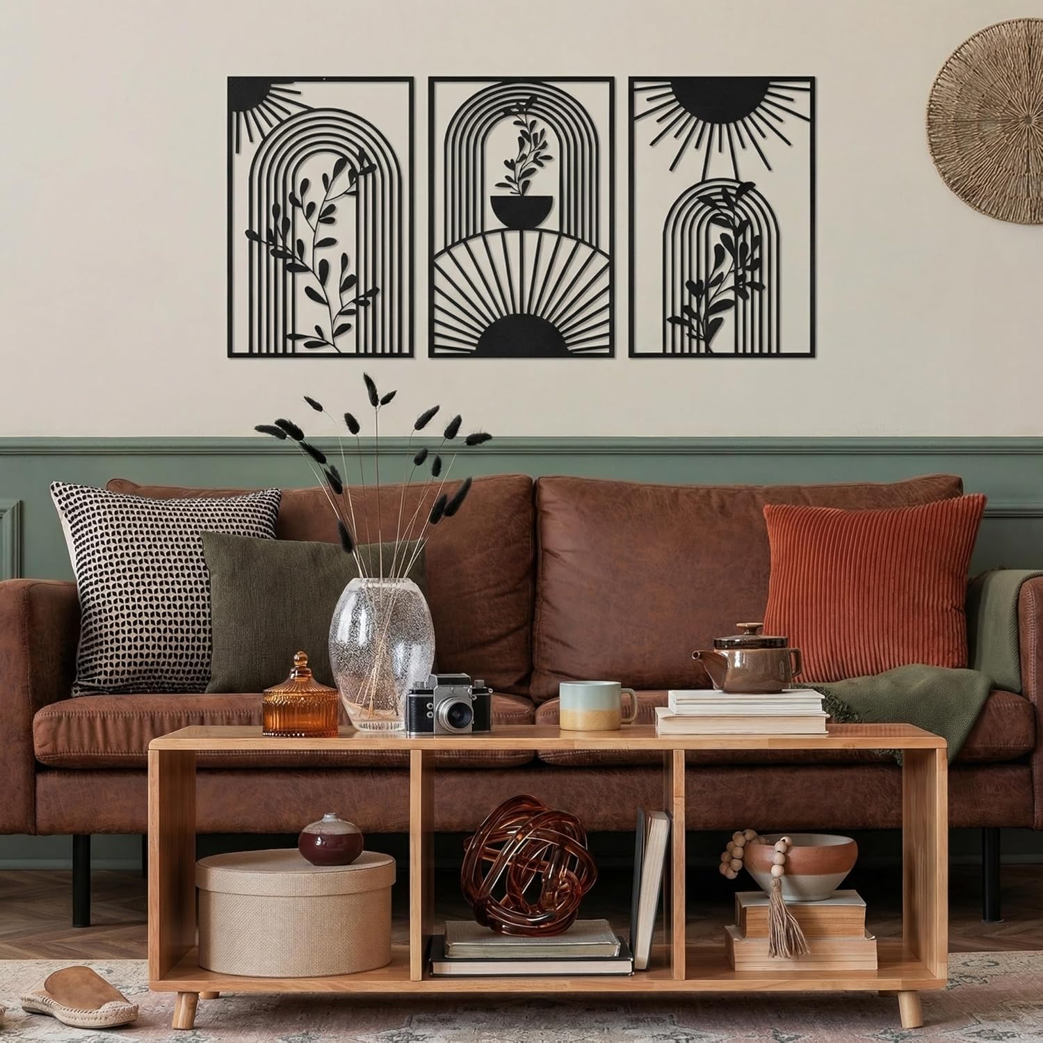 Sanwarm 3 Pieces Metal Wall Decor, Boho Minimalist Botanical Metal Wall Art Sun Modern Black Hanging Decoration for Home Bathroom Living Room Bedroom Garden Office Housewarming Gifts