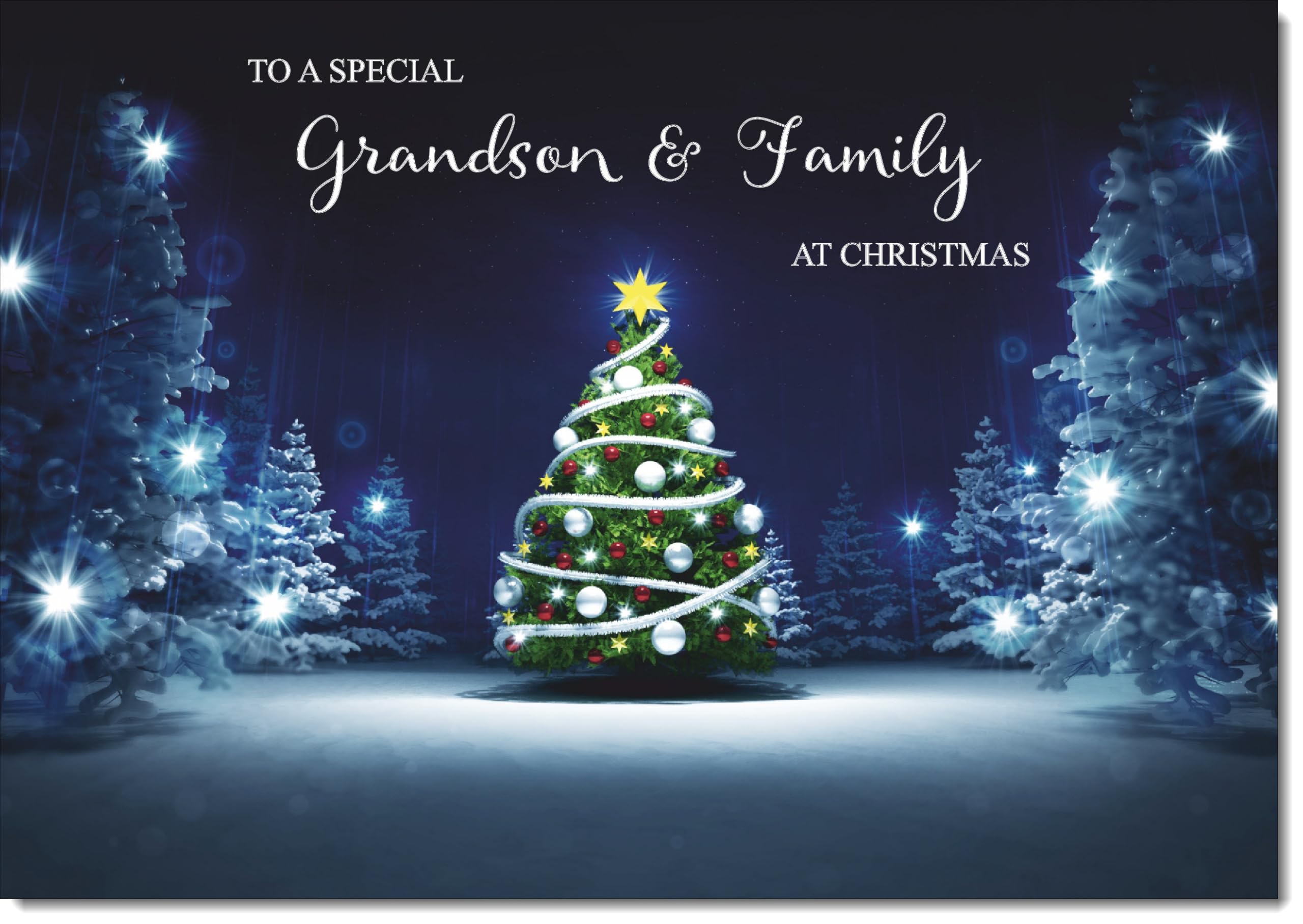 doodlecards Grandson and Family Christmas Card Tree in Dark Sky Large A4 Size Christmas Card for Grandson & Family with Plain Envelope — image 1