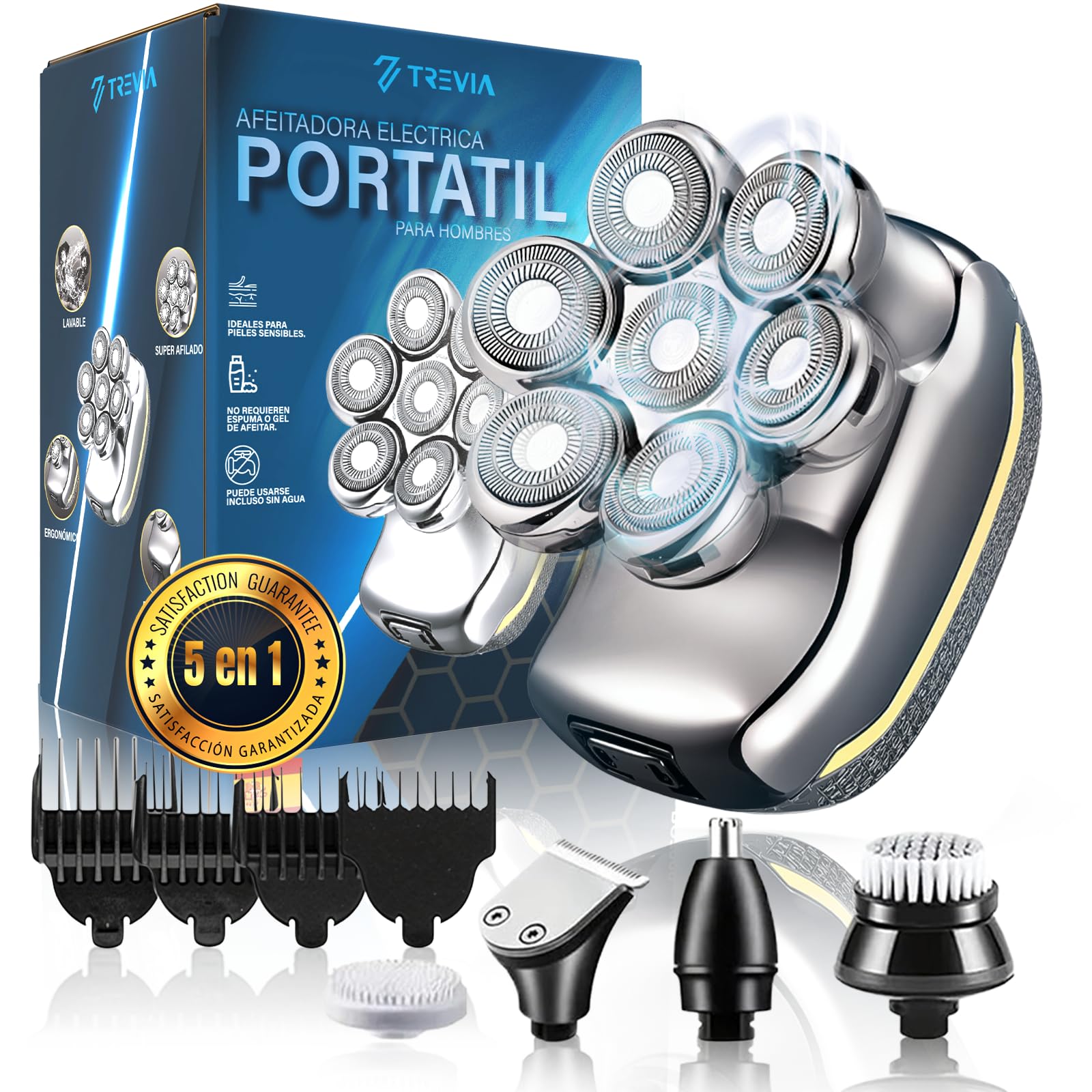 TREVIA® Afeitadora Cabeza Hombre 5 EN 1 PREMIUM | Afeitadora Cabeza | Skull Shaver | Recargable con pantalla LED | Uso humedo y Seco | Maquina de afeitar hombre | Afeitadora Electrica Hombre