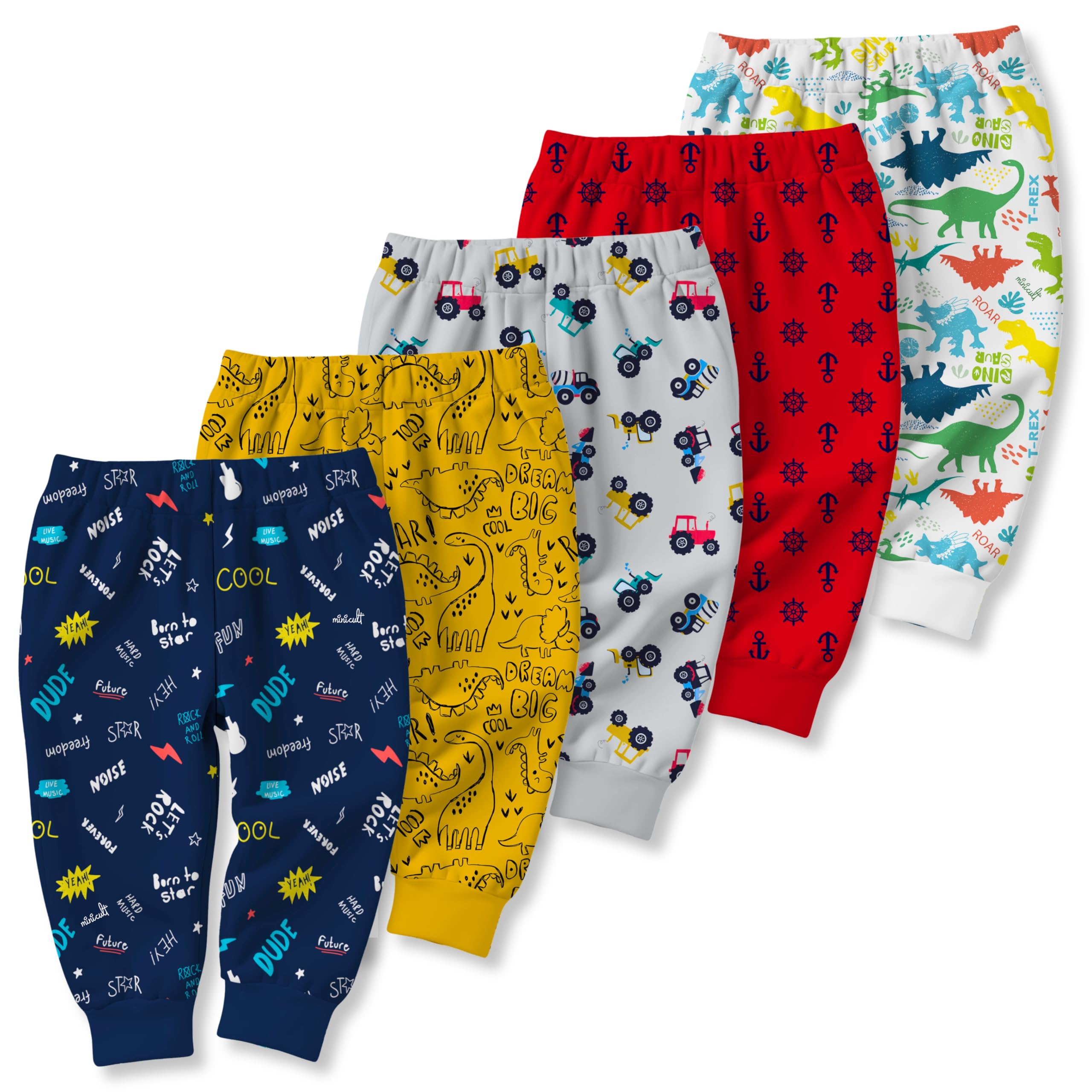 minicult Cotton Pajama Pants with All Over Print for Boys and Girls (Multicolor Designs)(Regular Fit)(Pack of 5)