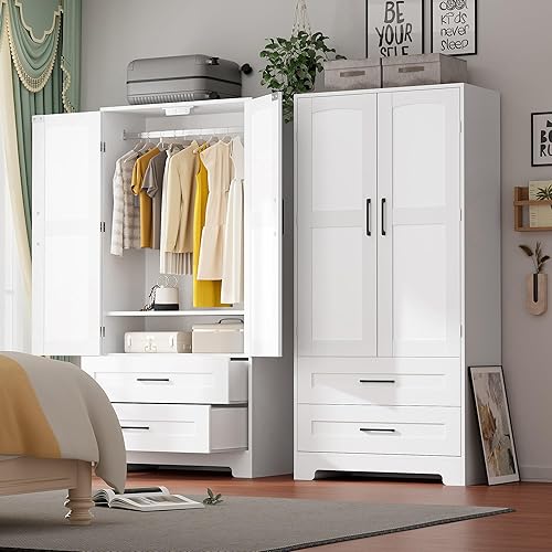 Miniatura 7 de Armario de madera con cajones, armarios de dormitorio con puerta y estantes, armario independiente de almacenamiento de ropa con barra para colgar