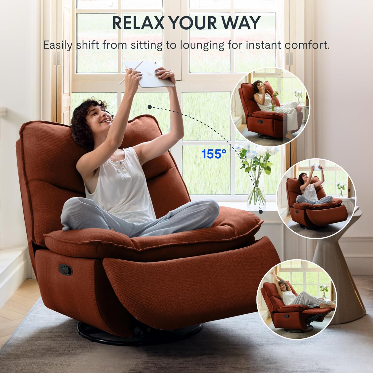 FLEXISPOT XRC7 Swivel Rocker Recliner Chair, 360° Swivel Oversized Armless Recliner with Oeko-TEX Certified Three-Proof Fabric, Award-Winning Design, Gaming Chair for Living Room Gaming Room, Orange