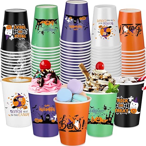 Sliner 100 tazas de Halloween desechables de papel de 12 onzas, tazas de calabaza, fantasma, naranja, tazas para café, bebida caliente, jugo frío,