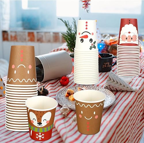 Miniatura 7 de Zhehao 100 Pcs Christmas Paper Cups with Handles 9oz Disposable Santa Claus Snowman Coffee Drinking Hot Chocolate Cup Winter Xmas Festive Holiday
