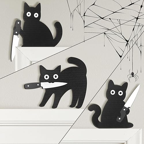 Dripykiaa Black Cat Halloween Wall Decorations Set of 3 Spooky Wooden Cats in Unique Poses Funny Wall Art Decor for Entryway, Kitchen, Shelf, Gift for Cat Lovers
