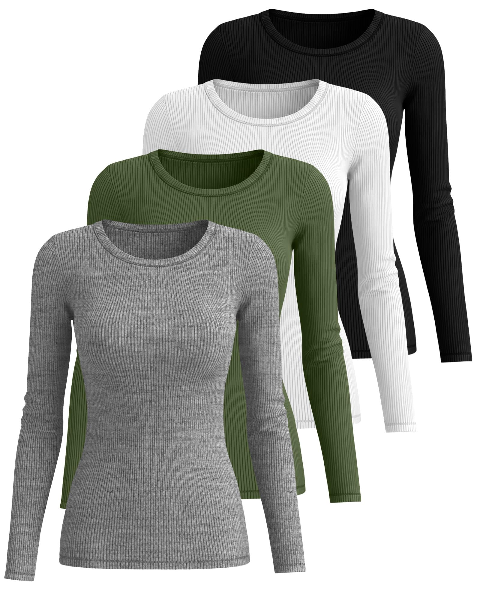 Neer Lot de 4 T-Shirts à Manches Longues Côtelés pour Femme, Col Rond en Coton, Coupe Ajustée, Maille Extensible | Hauts basiques à manches longues, sous-vêtements en tricot à col rond, t-shirts extensibles pour entraînement