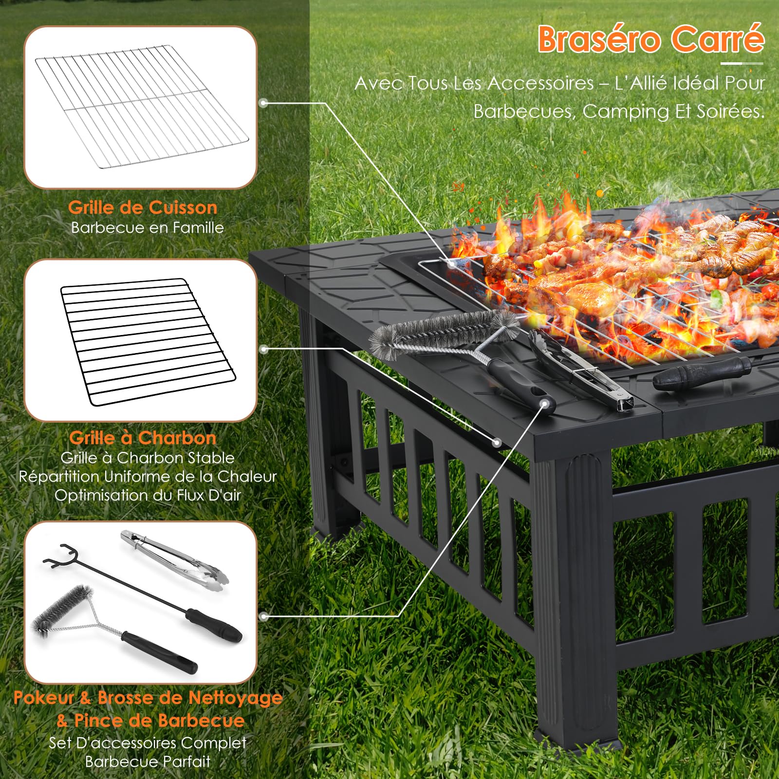 TLSUNNY Brasero Extérieur 3 en 1,Brasero Barbecue Carré avec Grille 81cm