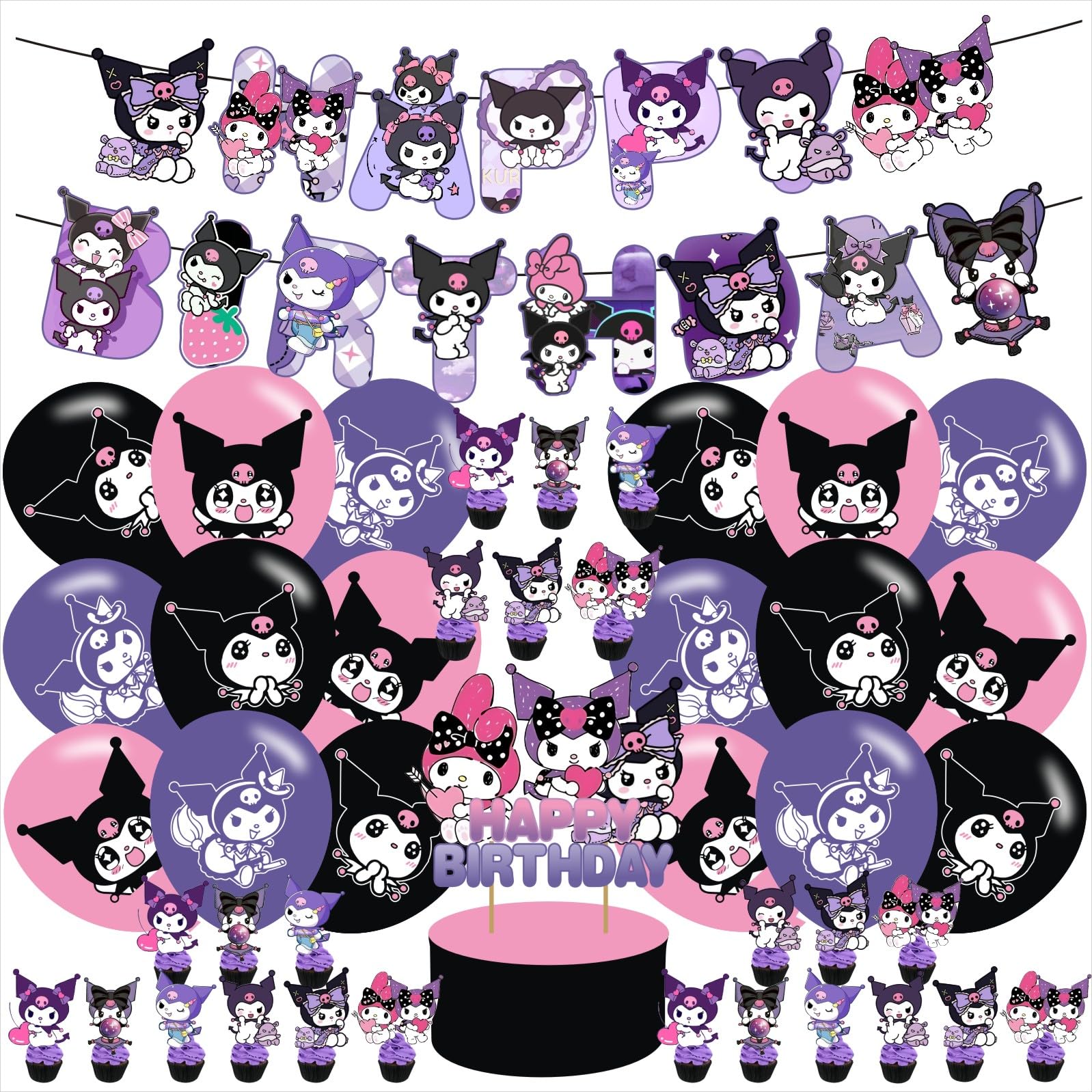 kuromii Birthday Party Supplies Set Happy Birthday Banner, Cake Topper, Cupcake Toppers, Balloons for kuromi Kids Party Decorations