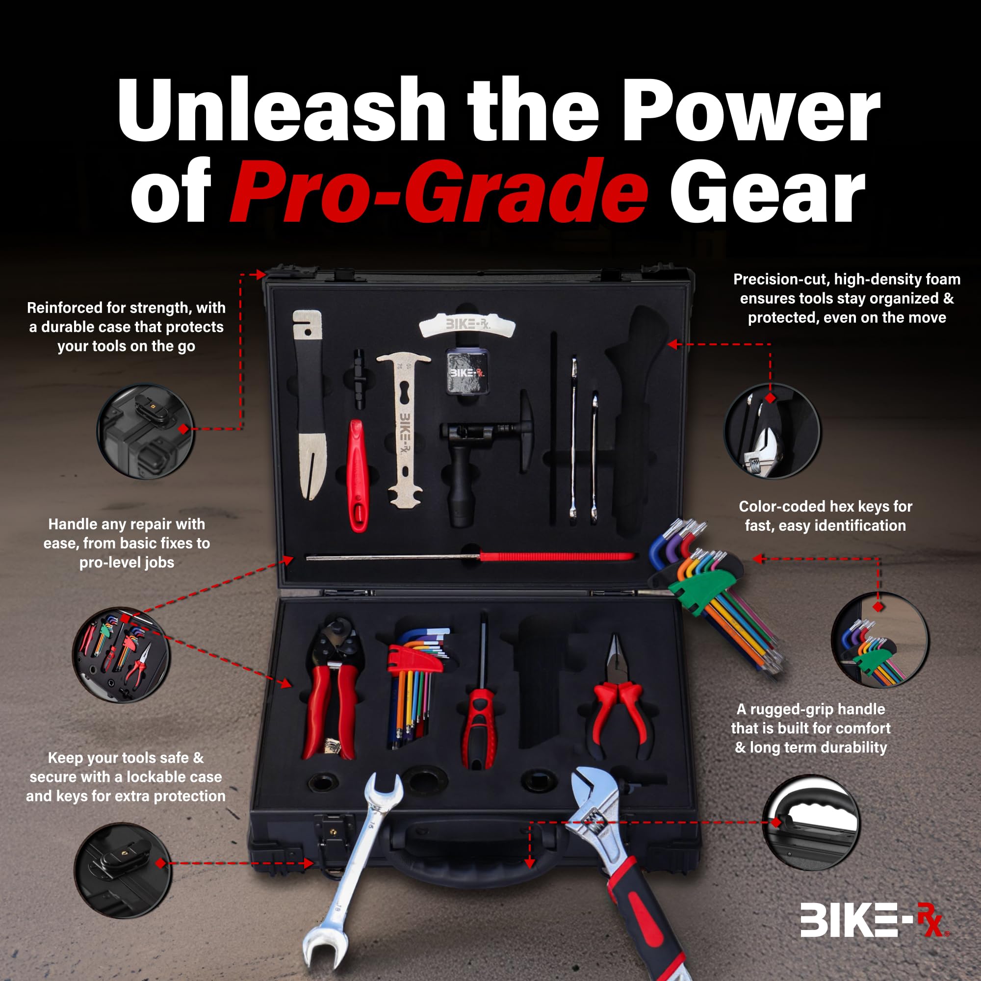 BIKE-RX Elite 37pc Bike Tool Kit – Bicycle Repair Set for Mountain, Road, BMX & Ebikes, w/Chain Breaker, Tire Repair, Maintenance Kit & Lock Case