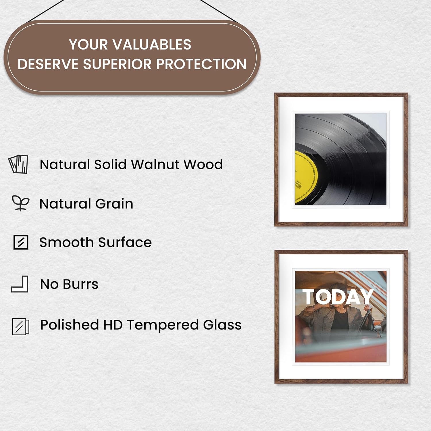 Vinyl Record Frame Natural Walnut Wood 16 X 16 Inches with White Mat, for 12.5" x 12.5" LP Record Album Display, Shatter-Resistant Tempered Glass Cover and Wall Hanging Hardware