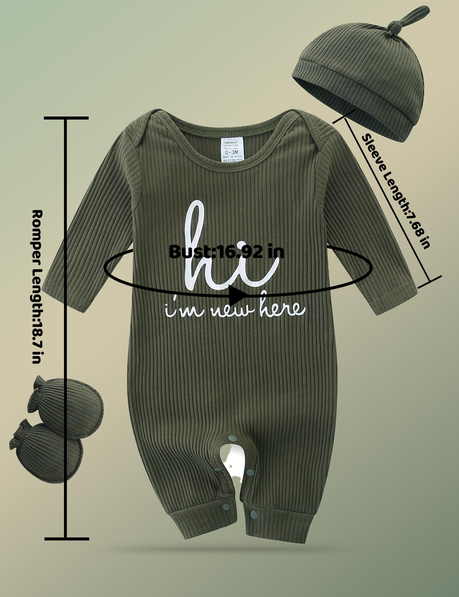 Unisex noworodek onesie prążkowane śpioszki dla małych dzieci z długim rękawem Pjs Jumpsuit kapelusz i rękawiczki