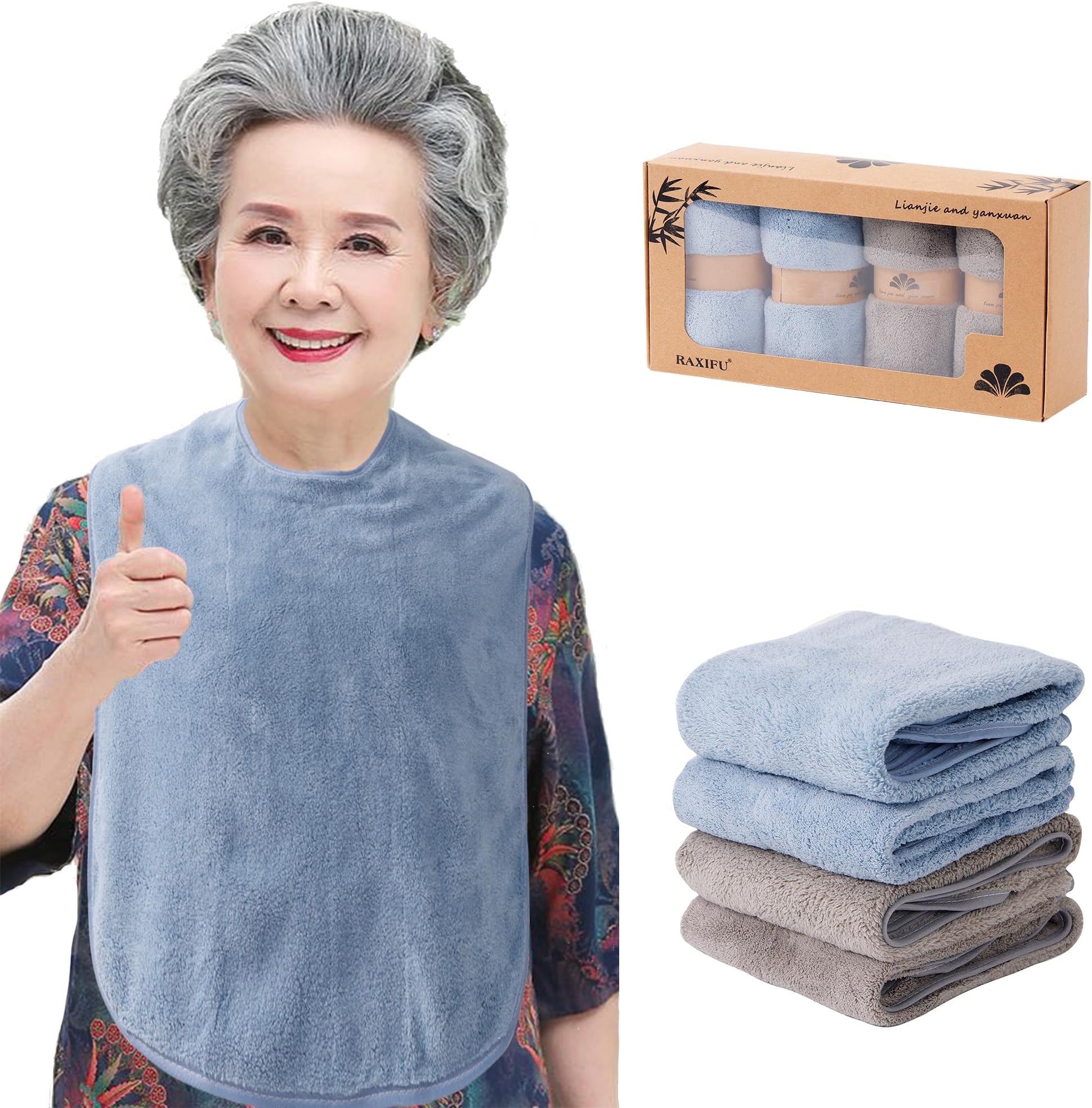 RAXIFU 4 Pack Adult Bibs for Men and Women, Adult Bibs for Elderly, Large Towel bibs for Special Needs Adults