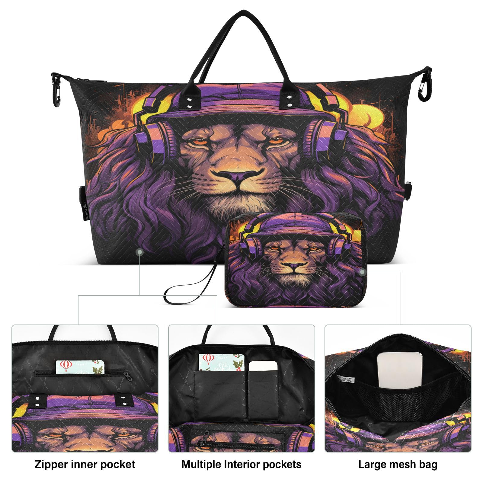 Cool Lion Headphones Sports Swim Gym Bag Weekender Duffel Travel Bags Handbag with Makeup Storage Bag for Girls Men