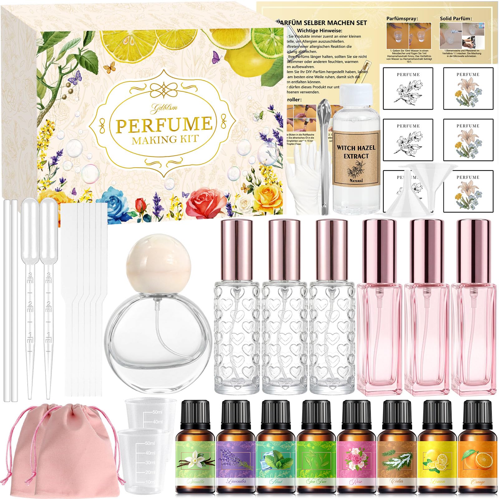 Parfüm Selber Machen Set, Damen Perfume Oil Making Kit, Kreative Bastelset Erwachsene DIY mit Ätherisches Öl, Langlebiges Mini Düfte als Geschenk für Frauen/Mädchen/Männer