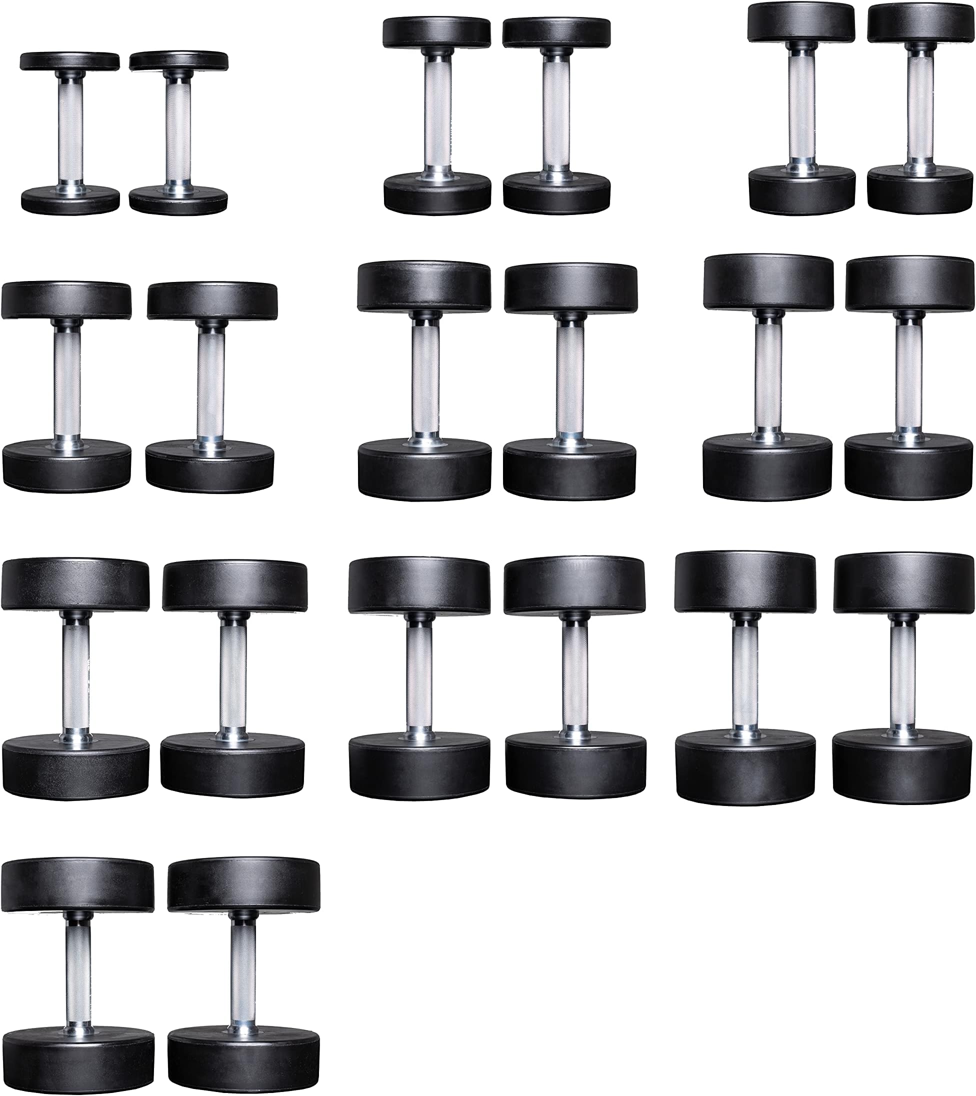 REP Fitness Urethane Coated Round Dumbbells, 5 to 100 lbs, Singles or Pairs, With or Without Rack, Steel Core, Rubber Encased, Chrome Handles, Professional Weights for Home Gym Strength Training