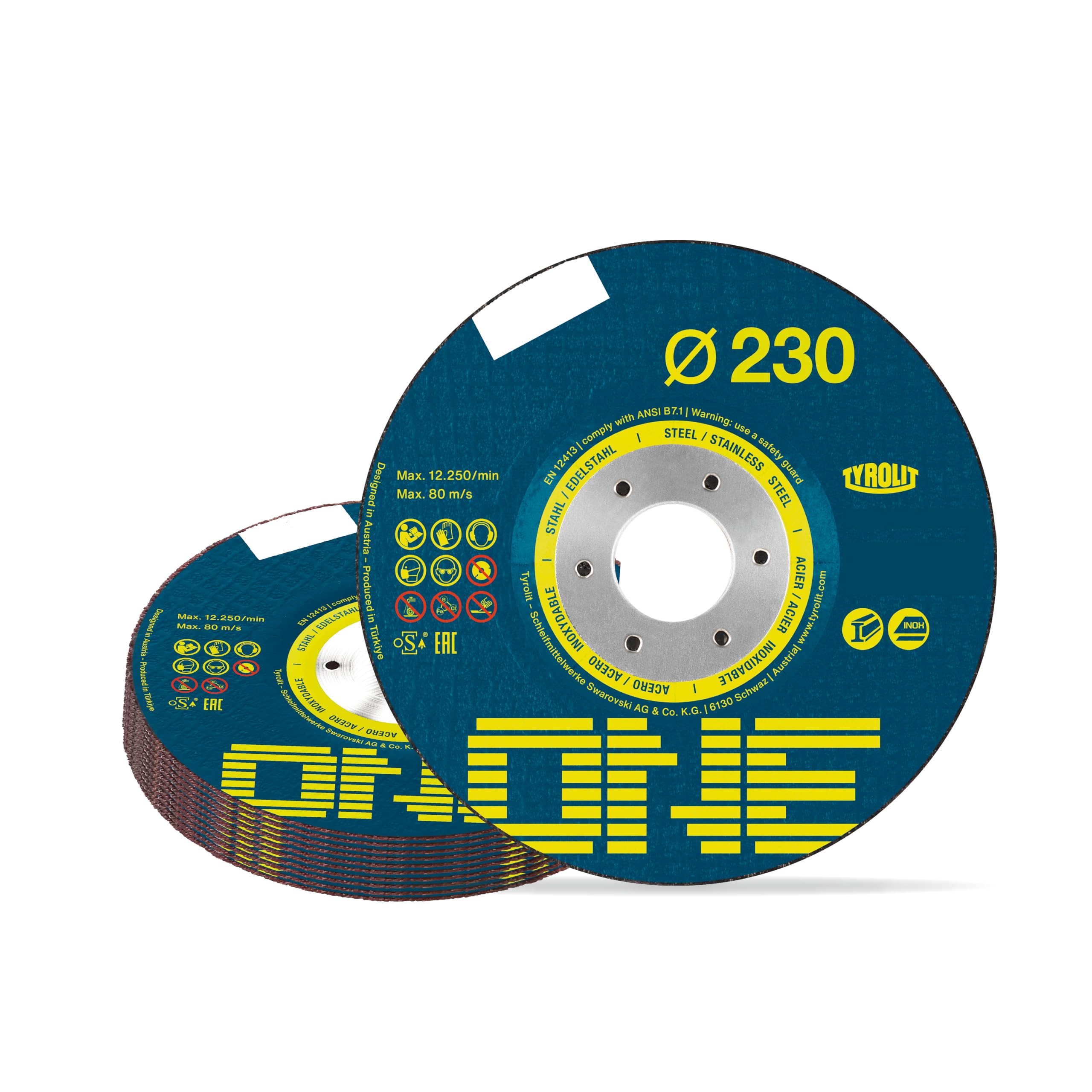 TYROLIT ONE - Discos de corte de metal 2 en 1, discos de amoladora angular duraderos para un corte súper rápido de acero inoxidable, 230 mm x 3 mm x 22,23 mm, paquete de 25