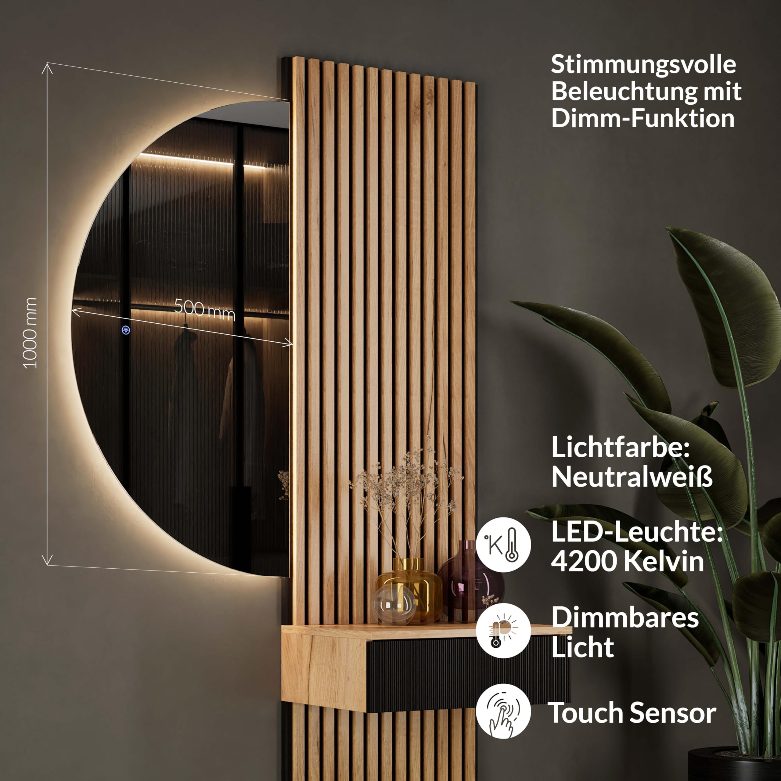 Planetmöbel NIVORA Spiegel mit Beleuchtung halbrund Spiegel mit LED-Licht, Dekorativer Wandspiegel mit Dimm-Funktion, 4200k neutralweißes Licht, 50 x 100 cm