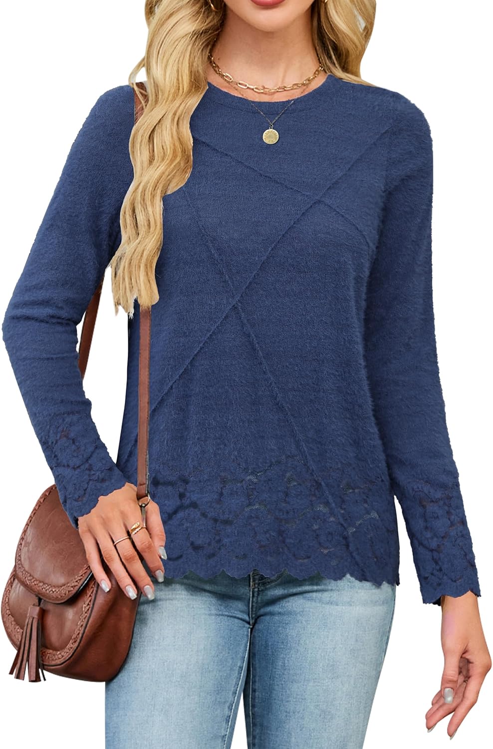 Blooming Jelly Womens Pleated Long Sleeve Shirts Lace Casual Tops Eyelet Crew Neck Tshirts Fall Fashion 2026