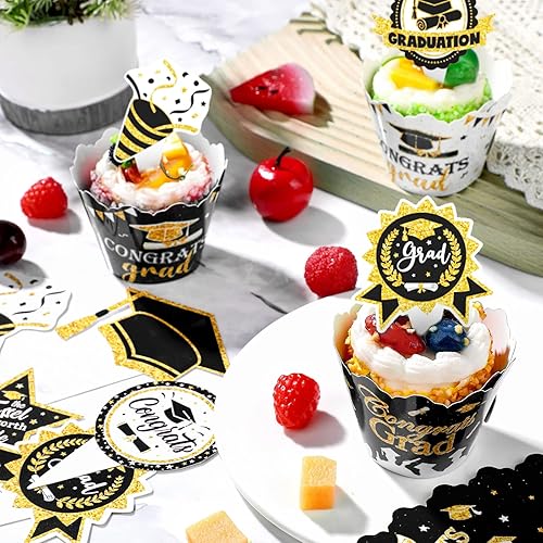 Miniatura 5 de Nuanchu Juego de 96 envoltorios de graduación para magdalenas, clase de 2023, decoración de pasteles de graduación ajustables para decoración de