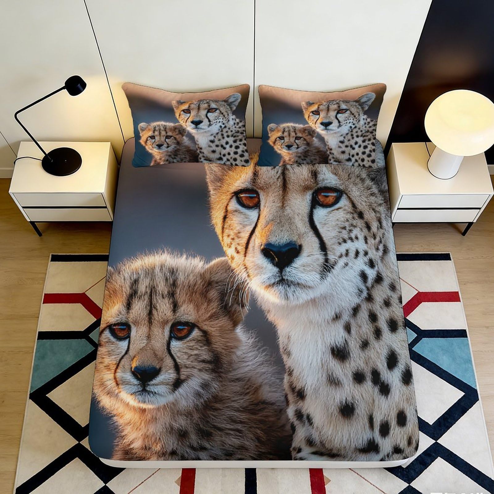 3D Printed Cheetah Fitted Sheet Microfiber Deep Pocket Bedroom Set Cheetah Mattress Fitted Cover Non-Slip Washable 200x200x25cm