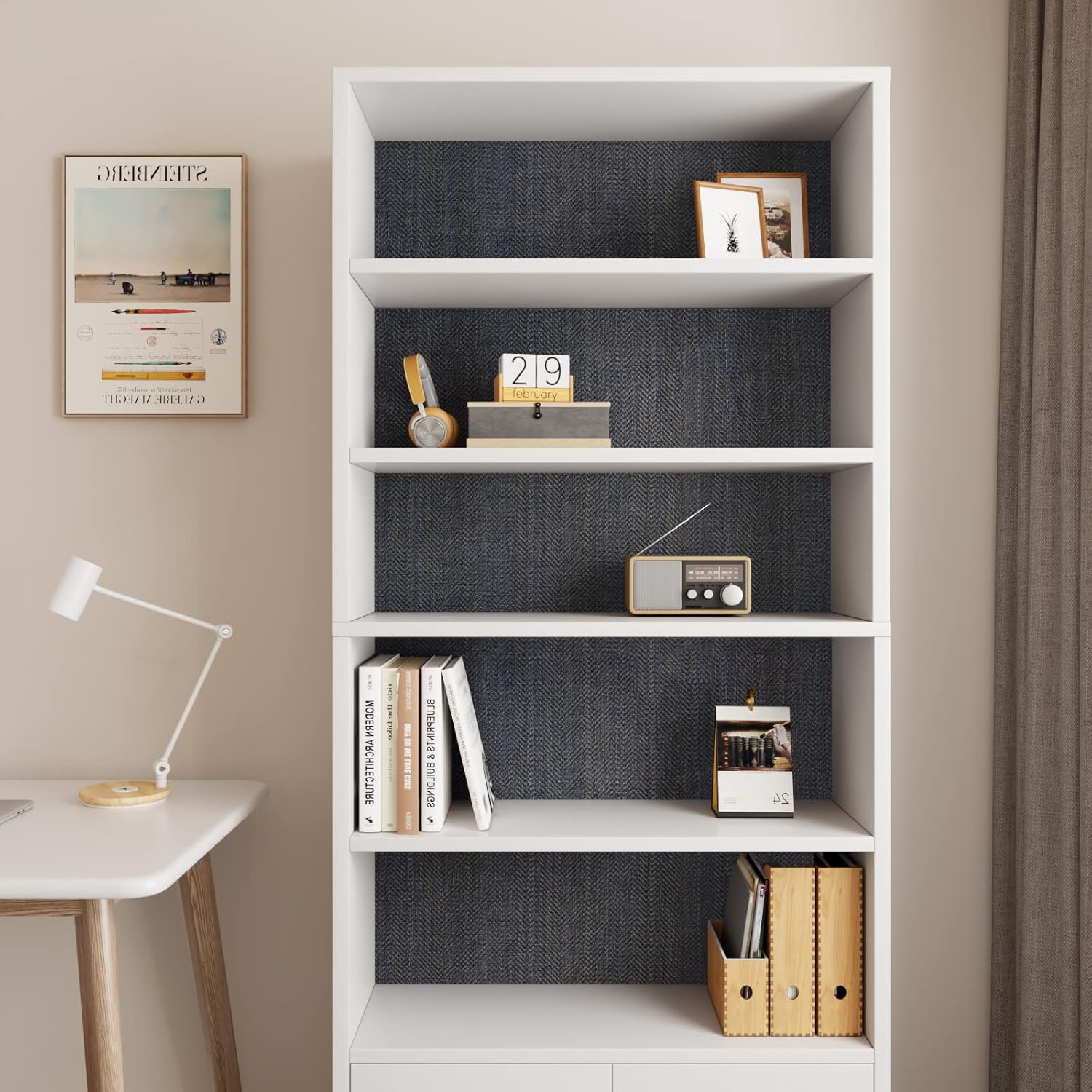 CRE8TIVE Large Size 24"x354" Denim Blue Gold Grasscloth Peel and Stick Wallpaper Textured Herringbone Fabric Wallpaper Removable Self Adhesive Metallic Blue Contact Paper for Bedroom Bathroom Walls