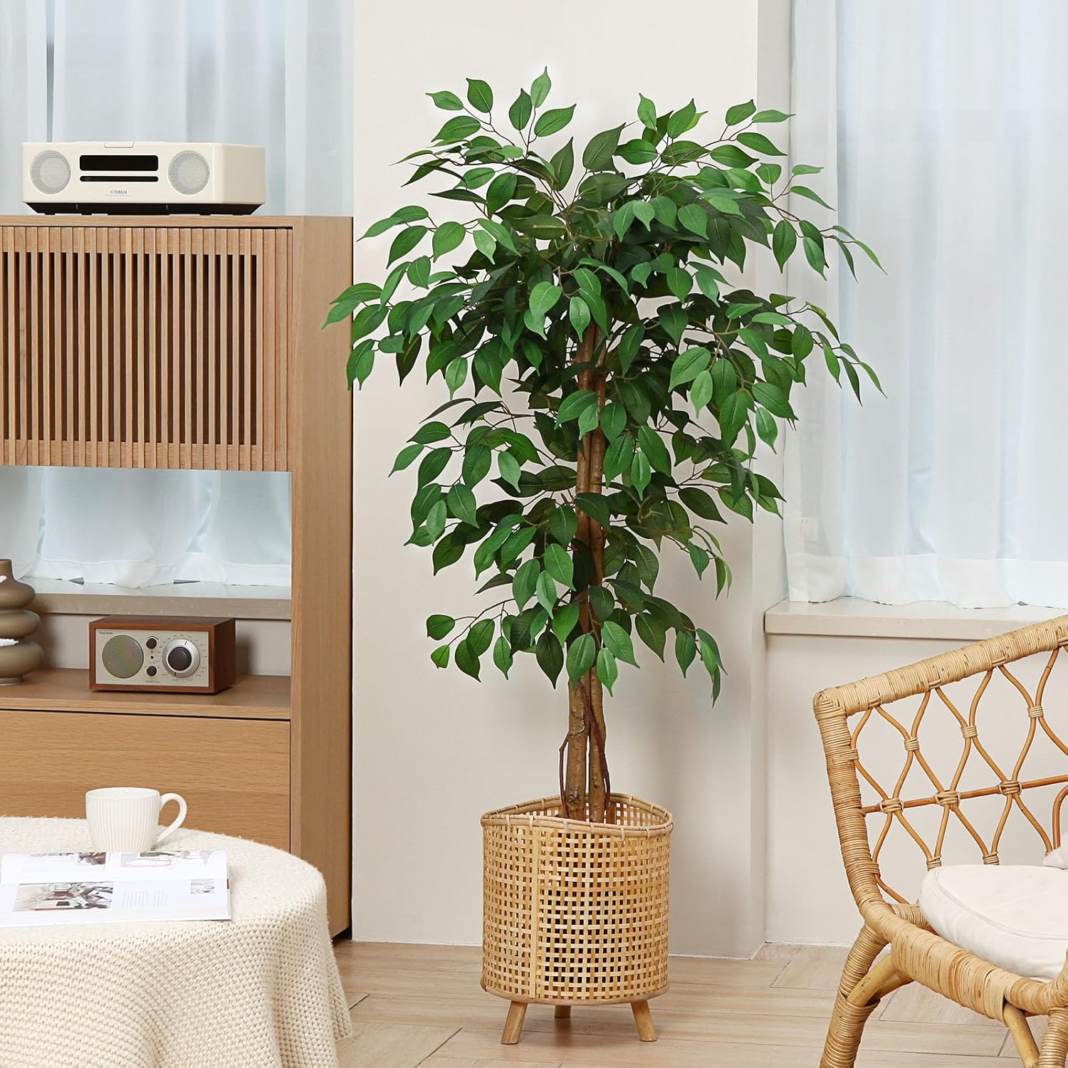 4ft Ficus Artificial Trees with Realistic Leaves and Trunk, Silk Fake Ficus Tree with Plastic Nursery Pot, Faux Ficus Tree for Office Home Farmhouse for Indoor Outdoor Decor(Set of 1)