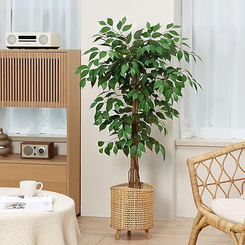 Miniatura 10 de SOGUYI Árboles artificiales Ficus de 7 pies con hojas y tronco realistas, árbol de ficus falso de seda con maceta de plástico para guardería, árbol