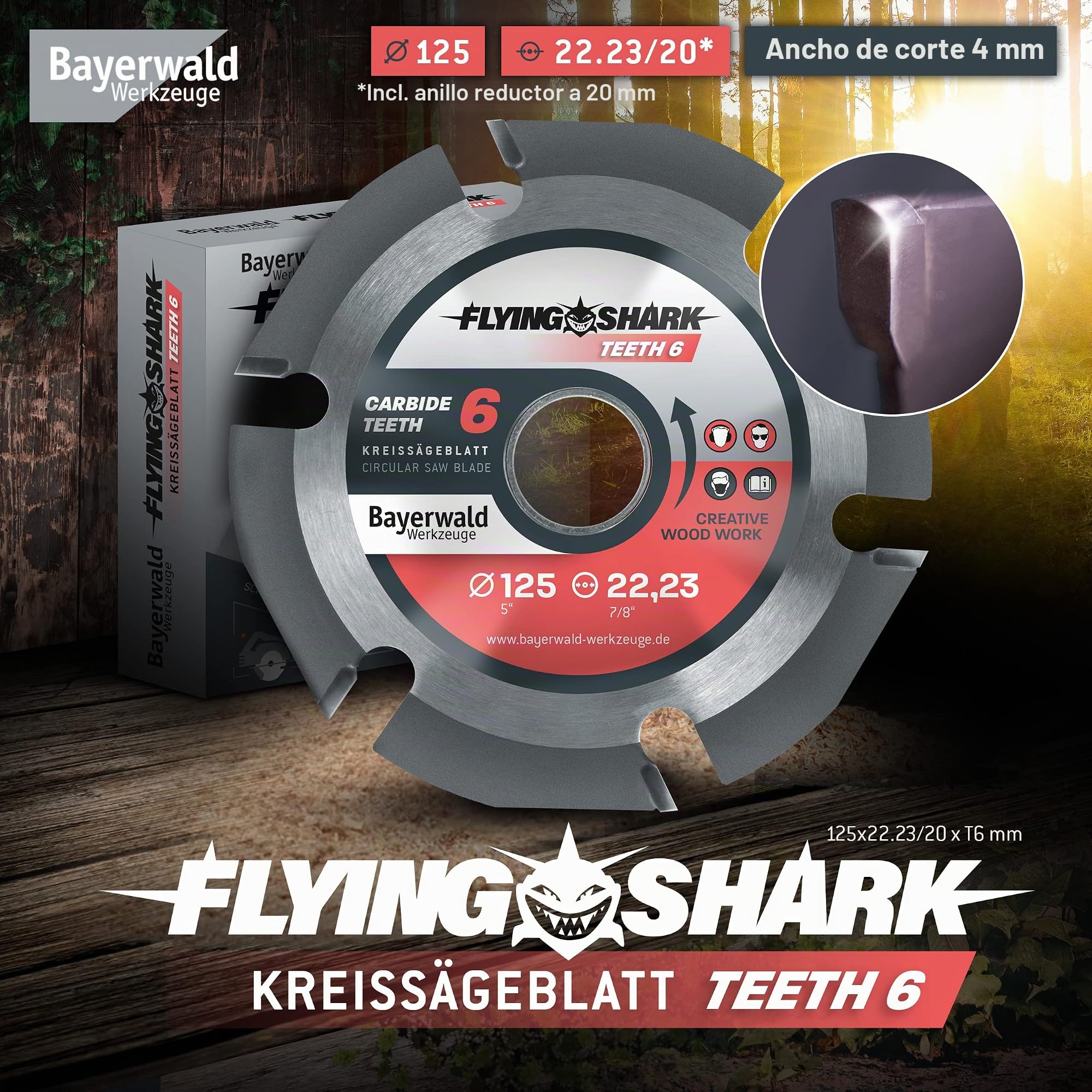 Bayerwald Flying Shark Ø 125 mm (6 dientes) Hoja de sierra para madera, tallado y eliminación de corteza, ideal para tallar energía