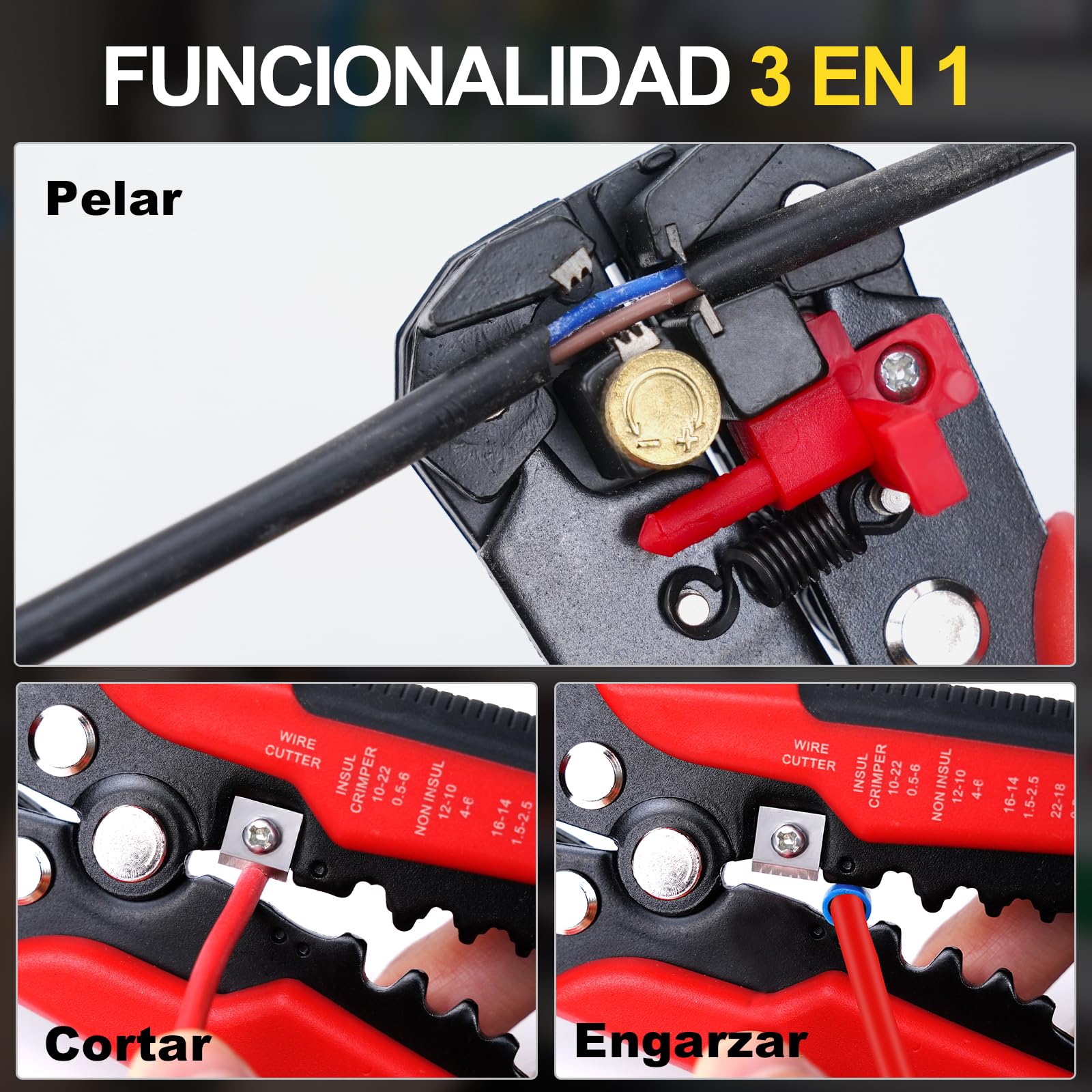 HYCHIKA Crimpadora Kit, Pelacables automático 3 en 1, Juego de alicates de corte con 1200 piezas 0,25-10mm²(AWG 24-8) Terminales, Crimpadora Punteras, Alicates de Crimpado
