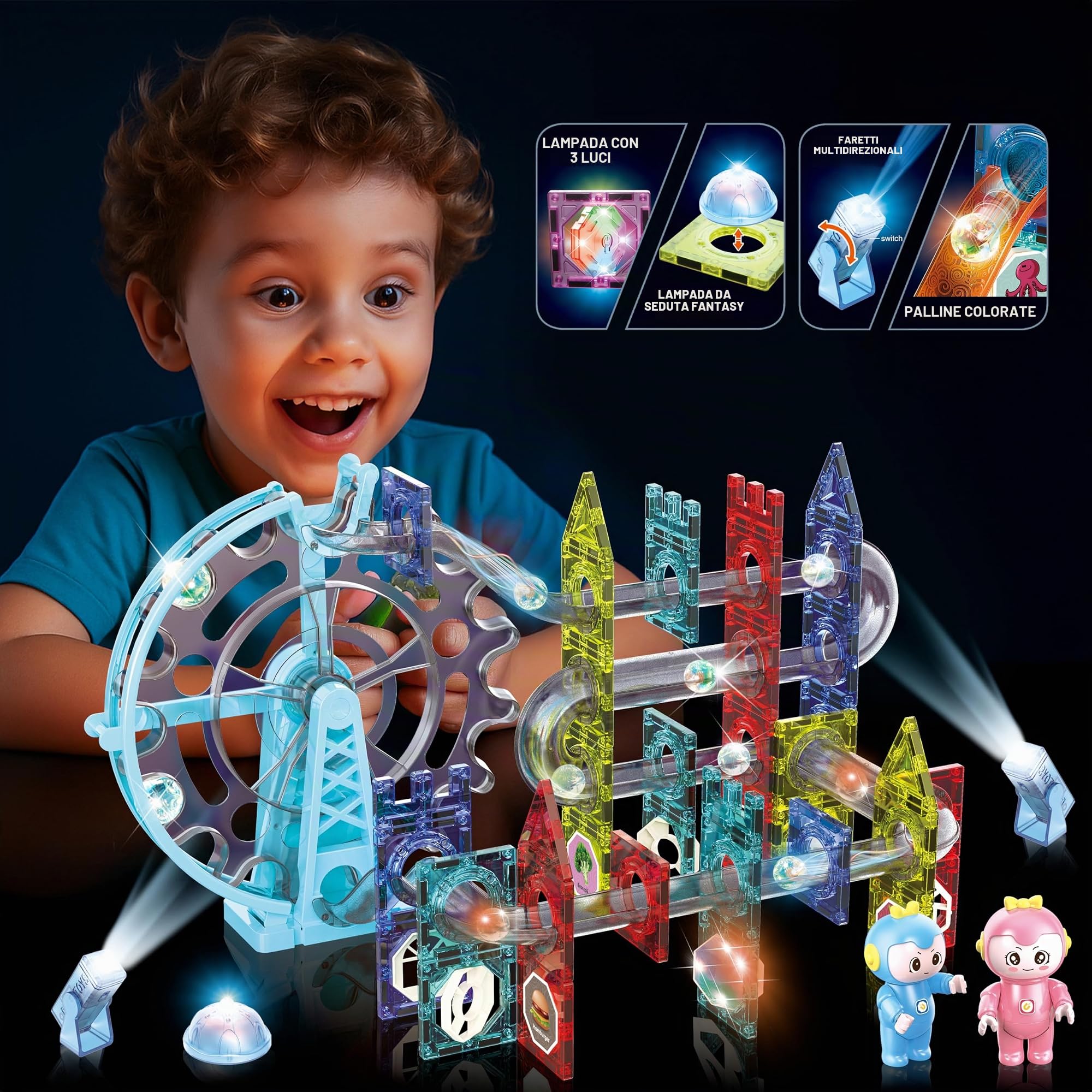 CELMAN Costruzioni Magnetiche - Set di Percorso per Biglie, Magnetic Tiles, Tessere e Tracciati Magnetici per Bambini di 3, 4, 5, 10 Anni e Più, Montessori Kit Giochi di Logica