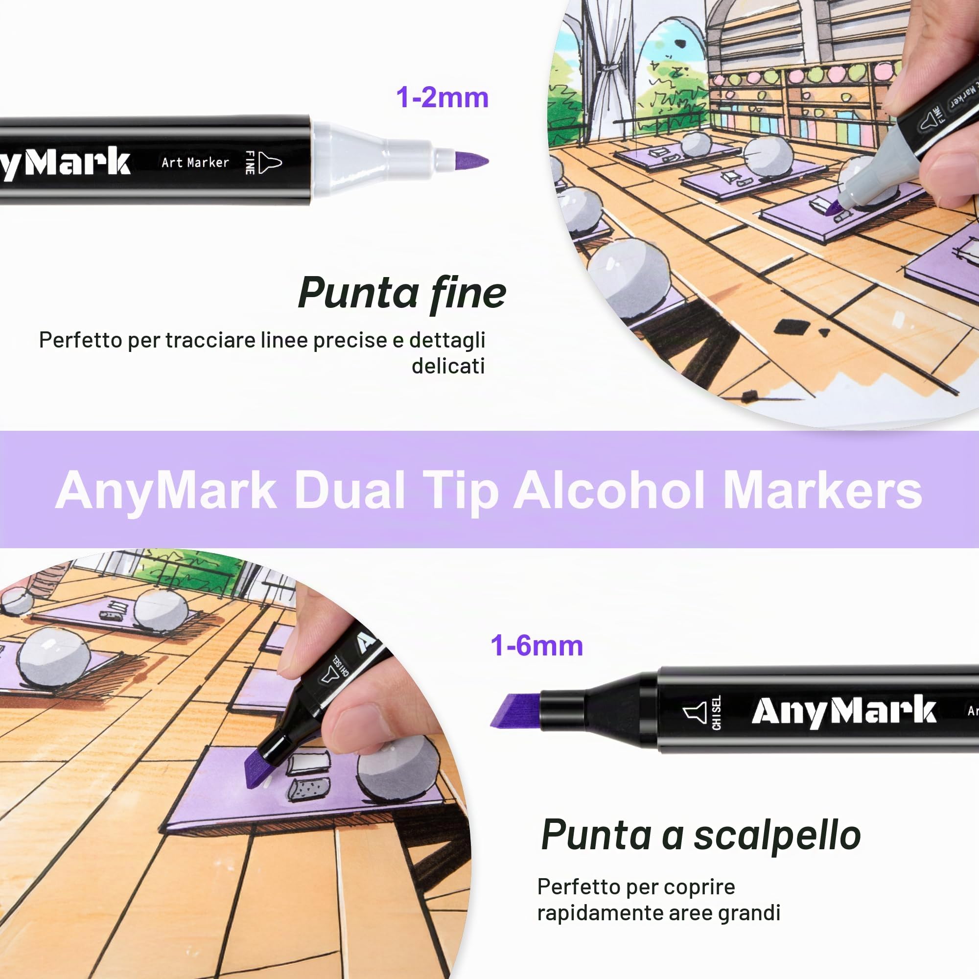 AnyMark Set di 120 Pennarelli ad Alcool, Doppia Punta Scalpello e Fine | Pennarelli Artistici a Base di Alcool per Disegno e Colorazione, Fusto Nero