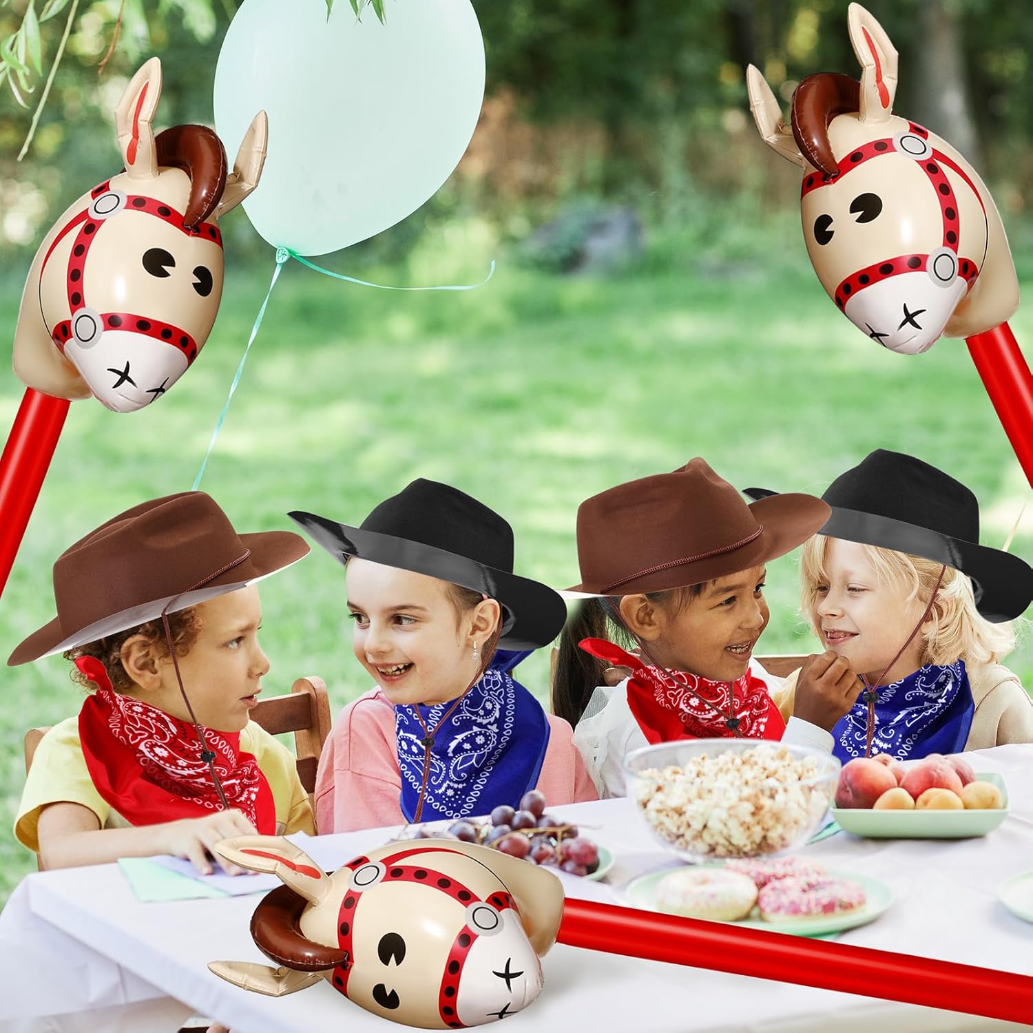 Xtinmee 36 Pcs Cowboy Party Costume Set, Cowboy Hats Paisley Bandanas Inflatable Stick Horses Kids Party Supplies