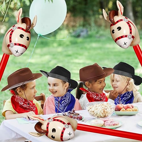 Miniatura 7 de Juego de 36 piezas de disfraz de vaquero para fiesta, sombreros de fiesta de vaquero de granja, bandanas inflables, caballos, suministros de fiesta