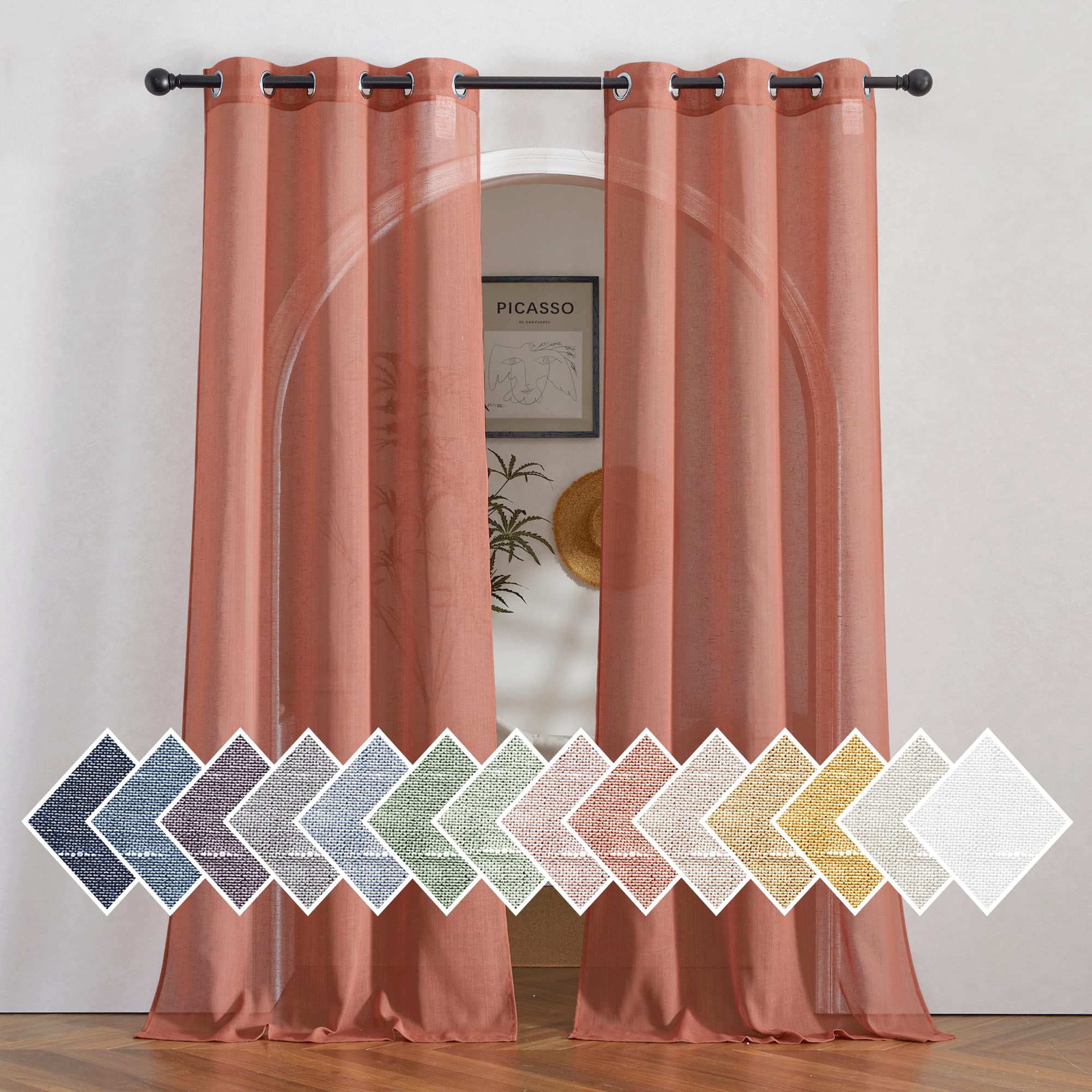 NICETOWN Semi Sheer Linen Curtains, Grommet Top Rustic Linen Burlap Curtains Privacy with Light Through Vertical Drapes for Bedroom/Kids Room, Burnt