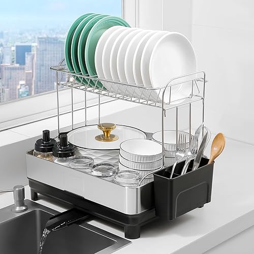 supernal Escurridor de platos de 2 niveles de capacidad extra grande para encimera de cocina, escurridor de platos y escurridor, juego de escurridor
