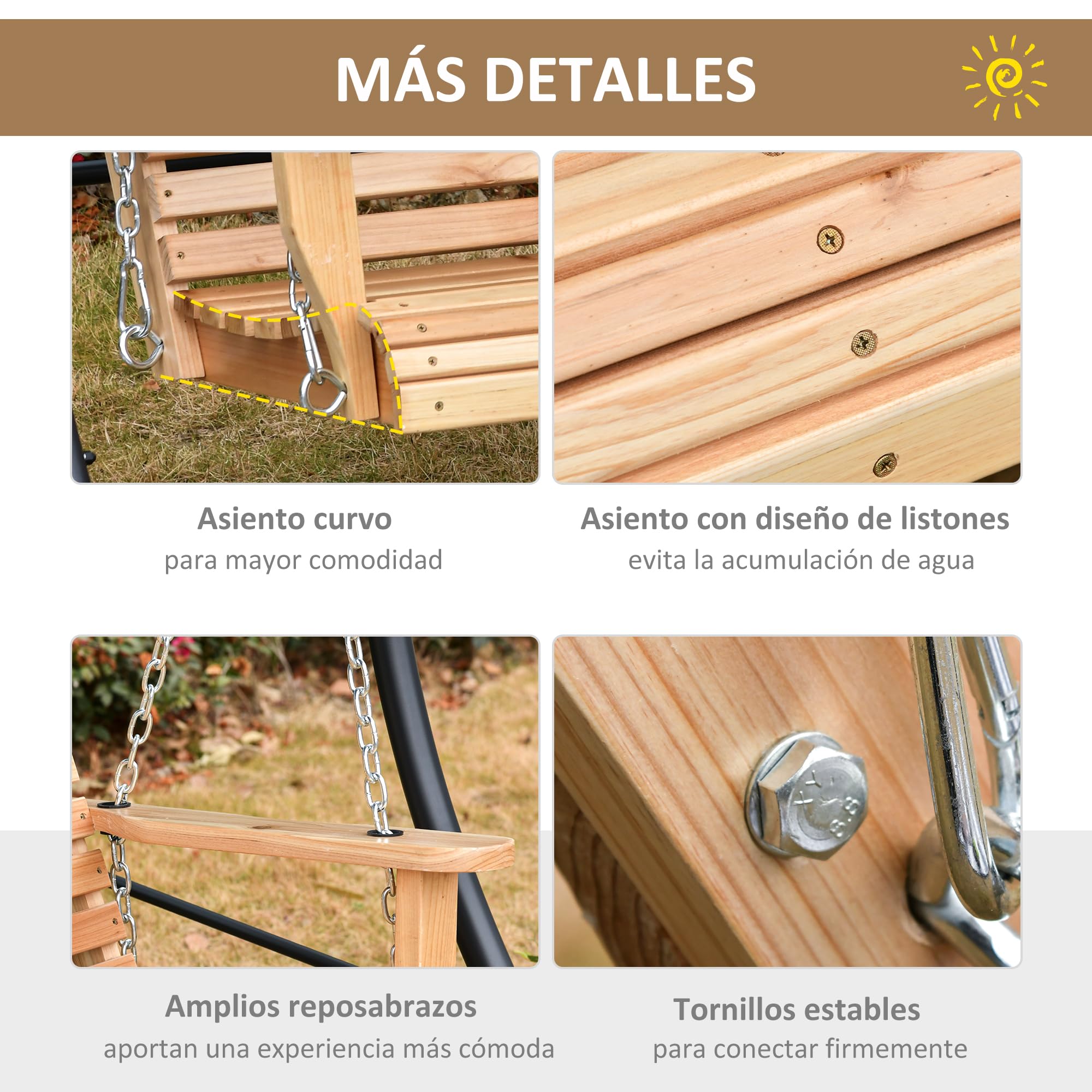 Outsunny Banco Columpio de 2-3 Plazas Banco Colgante de Madera con Mesa de Centro Plegable 2 Portavasos y Reposabrazos Carga 200 kg para Jardín Terraza Balcón 150x75x53 cm Natural
