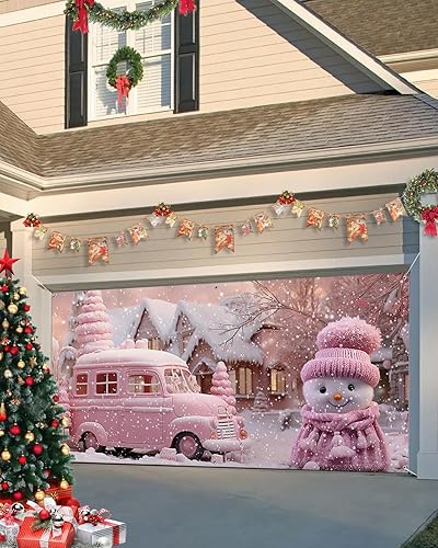 Miniatura 1 de Cubierta de cartel de Navidad rosa para puerta de garaje, decoración colgante de puerta de garaje, camión rosa de Navidad, copos de nieve de
