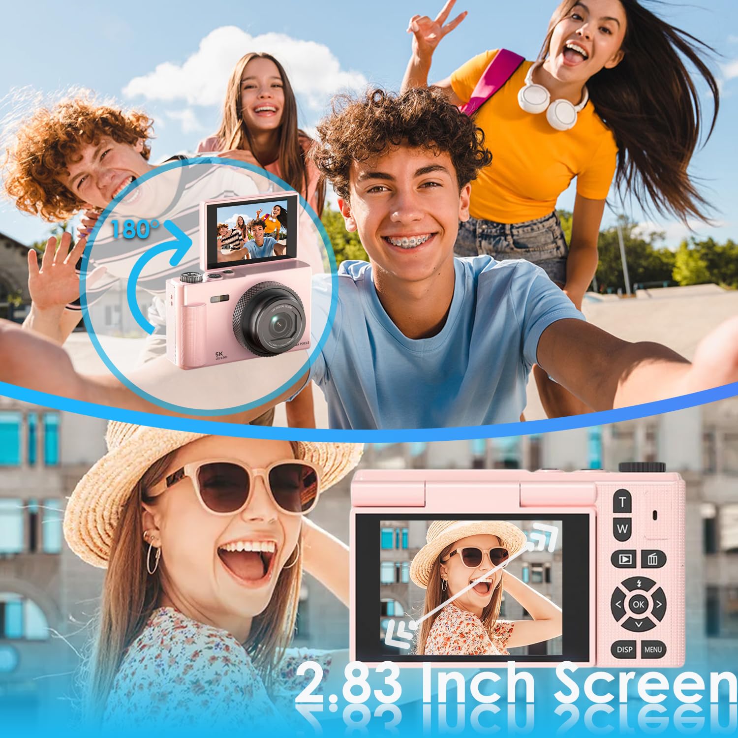 Appareil Photo Numérique UHD 5K 75MP avec Carte Micro SD 64 Go, Écran Rotatif 180° 2,83'', Zoom 18X, Anti-Shake, Compact (Rose)
