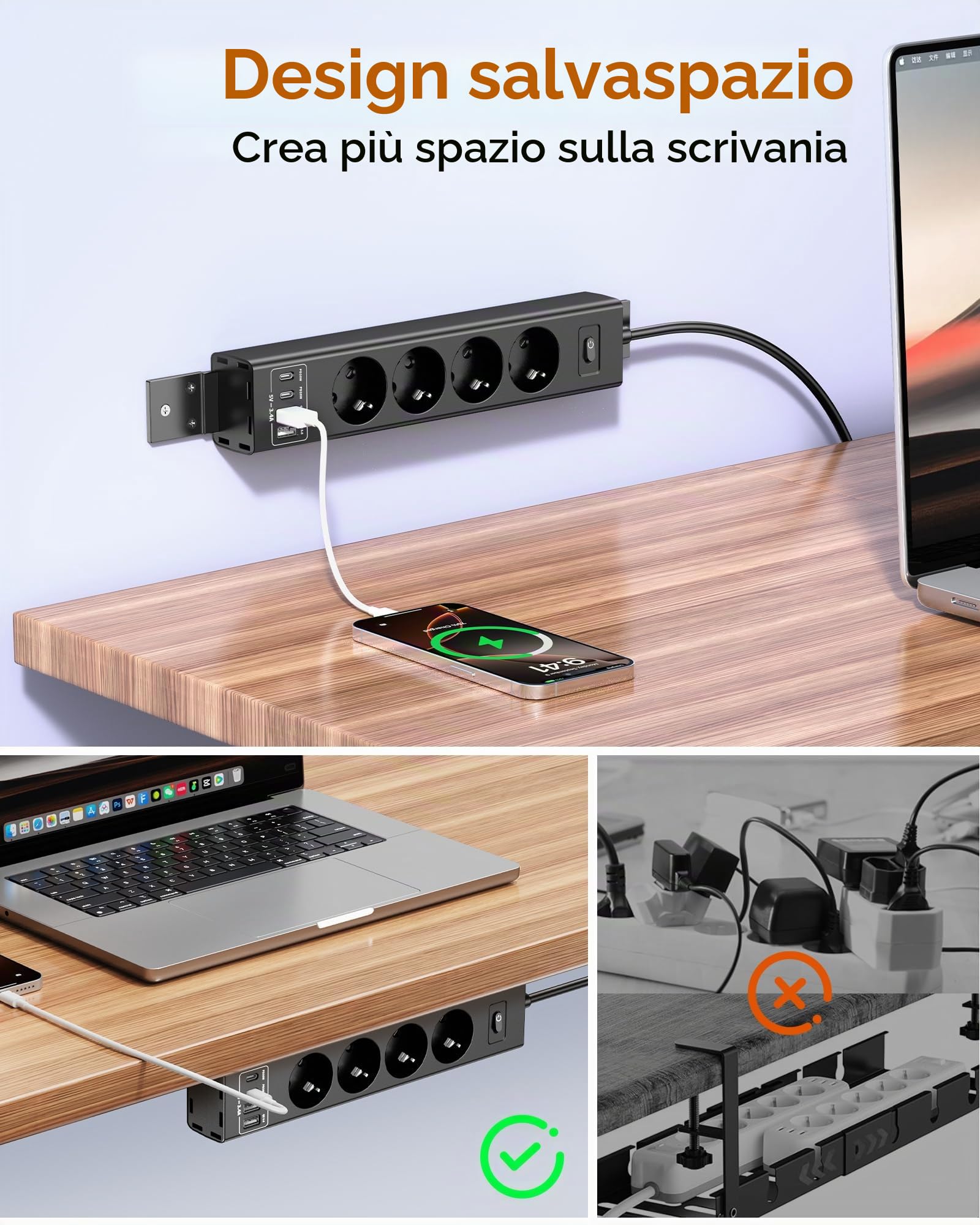 Ciabatta elettrica montabile a 360°, con 4 porte USB (2x USB-C), cavo di prolunga da 2 m e spina piatta, ciabatta a vite per parete, scrivania, angolo e montaggio sotto il tavolo