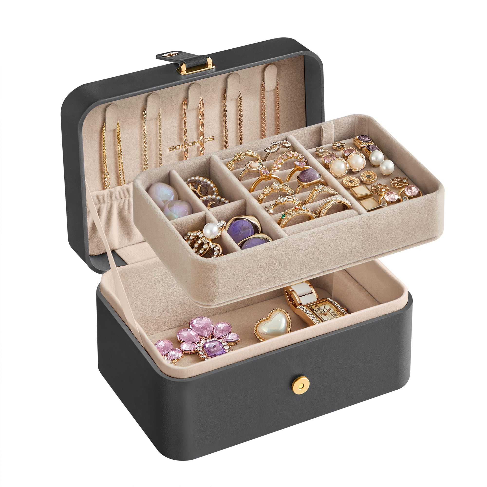 SONGMICSSONGMICS Travel Jewelry Case, 2-Layer Jewelry Holder Organizer, Portable Earring Storage, Slate Gray